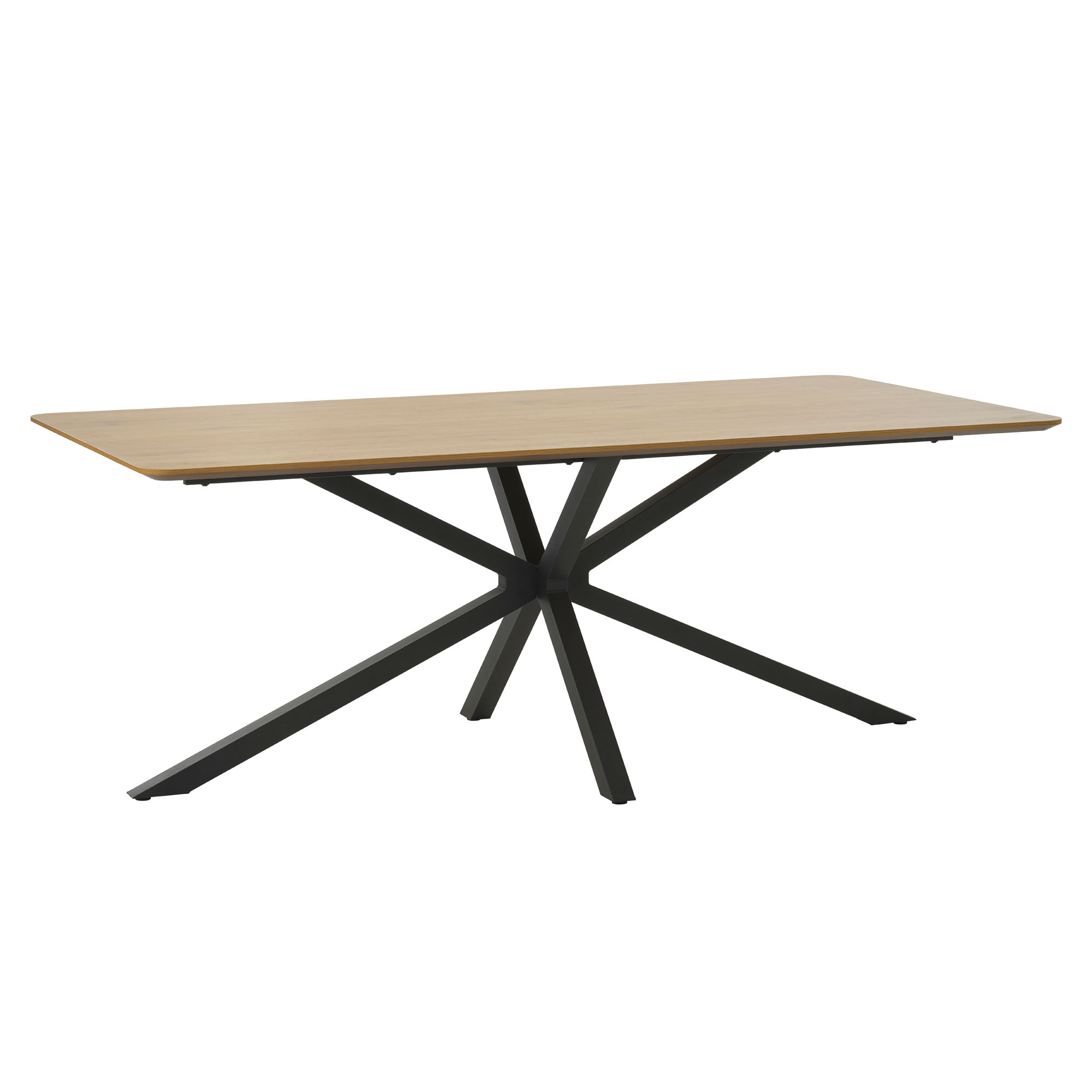 Rechteckiger Esstisch mit heller Holzplatte und schwarzem Kreuzgestell aus Metall, moderne Ausführung.