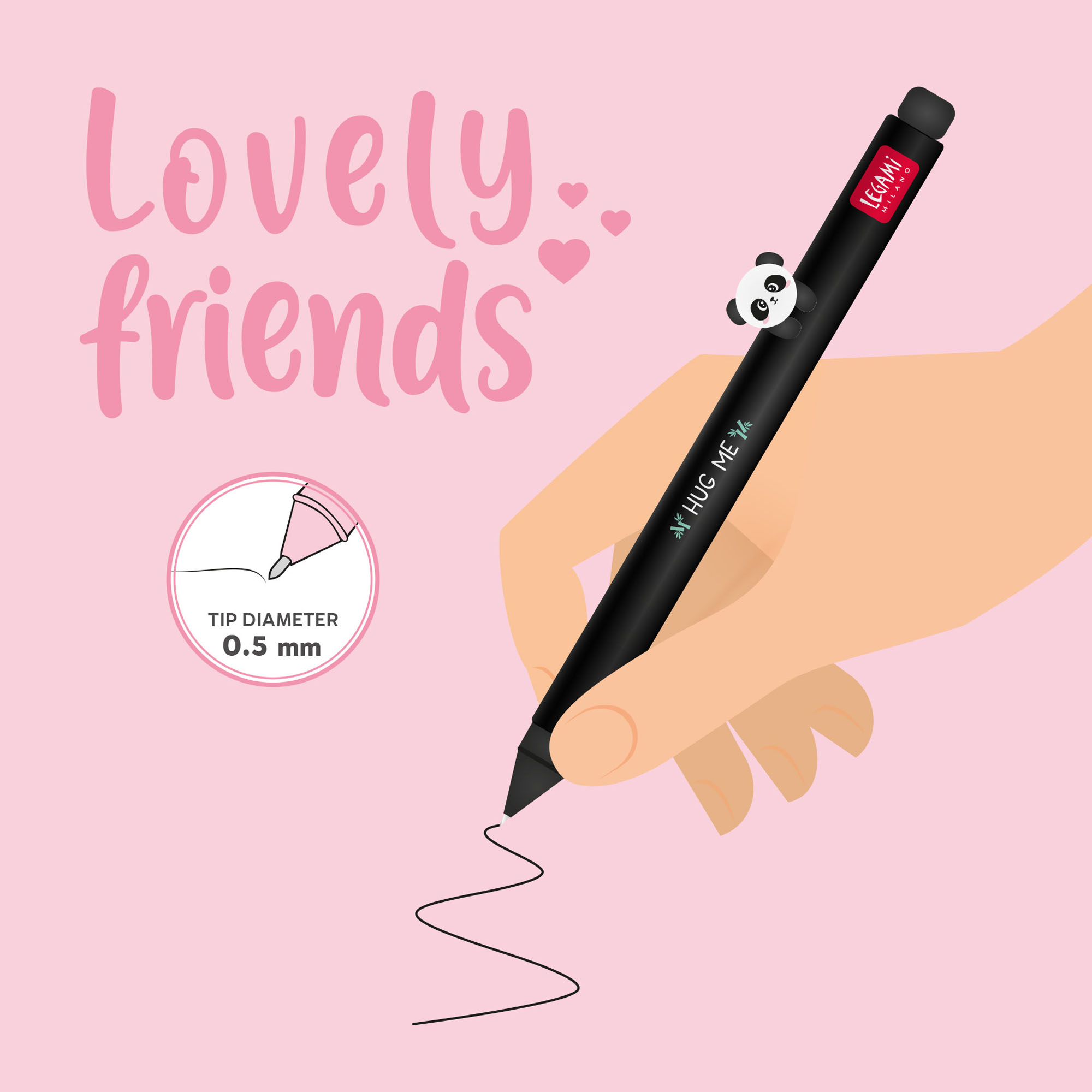 Schwarzer Gelstift mit Panda-Aufsatz, in einer Grafik in der Hand beim Schreiben dargestellt.