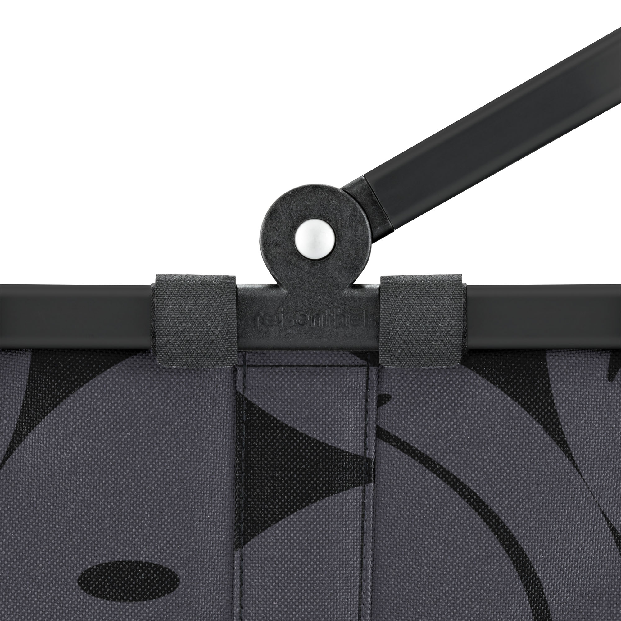 Kleiner Einkaufskorb von Reisenthel, Modell Carrybag XS, in Grau mit großflächigem Smiley-Muster, als Nahaufnahme des Gelenks am Griff.