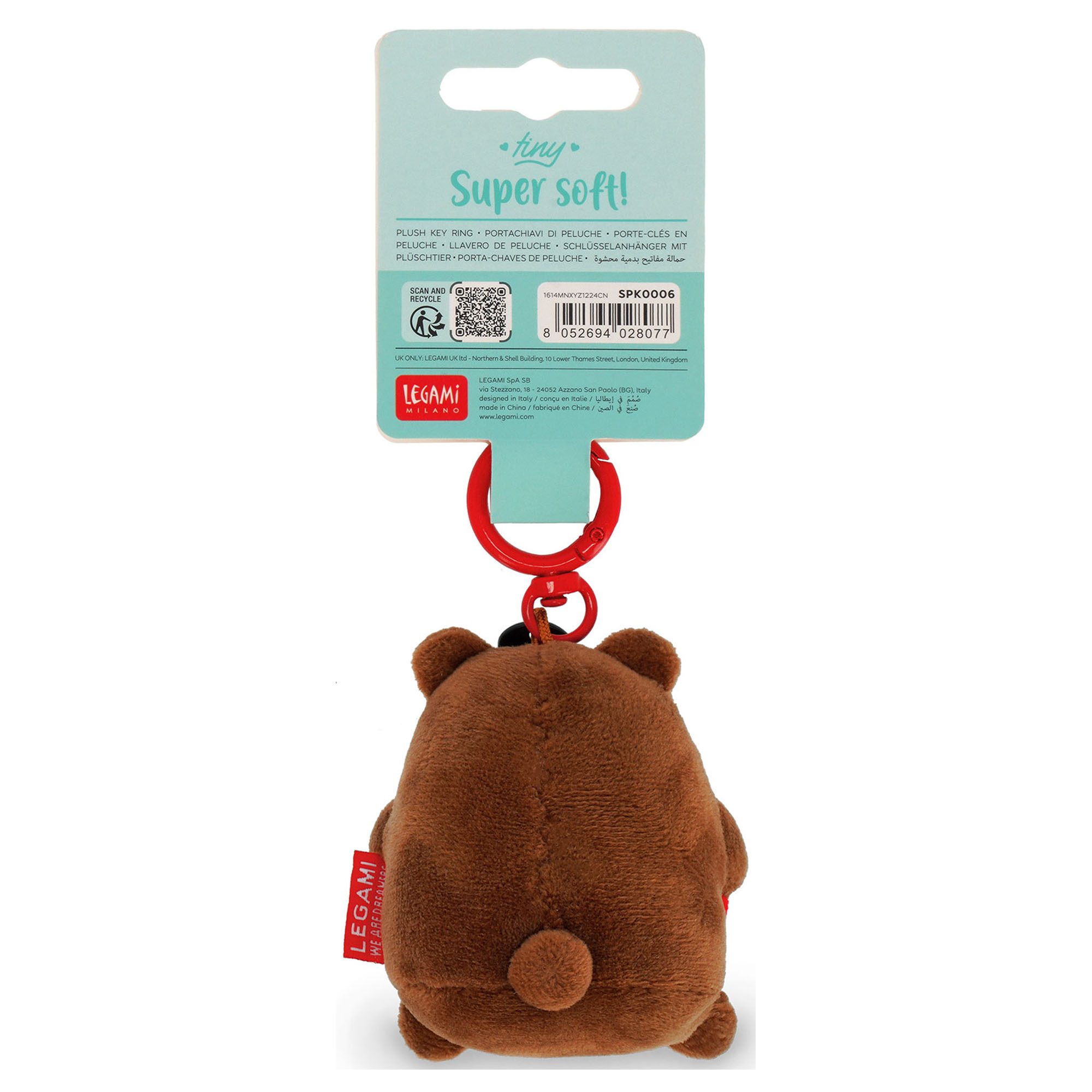 Brauner Teddybär-Plüsch-Schlüsselanhänger mit rotem Herz, von hinten an der Kartonaufhängung gezeigt.