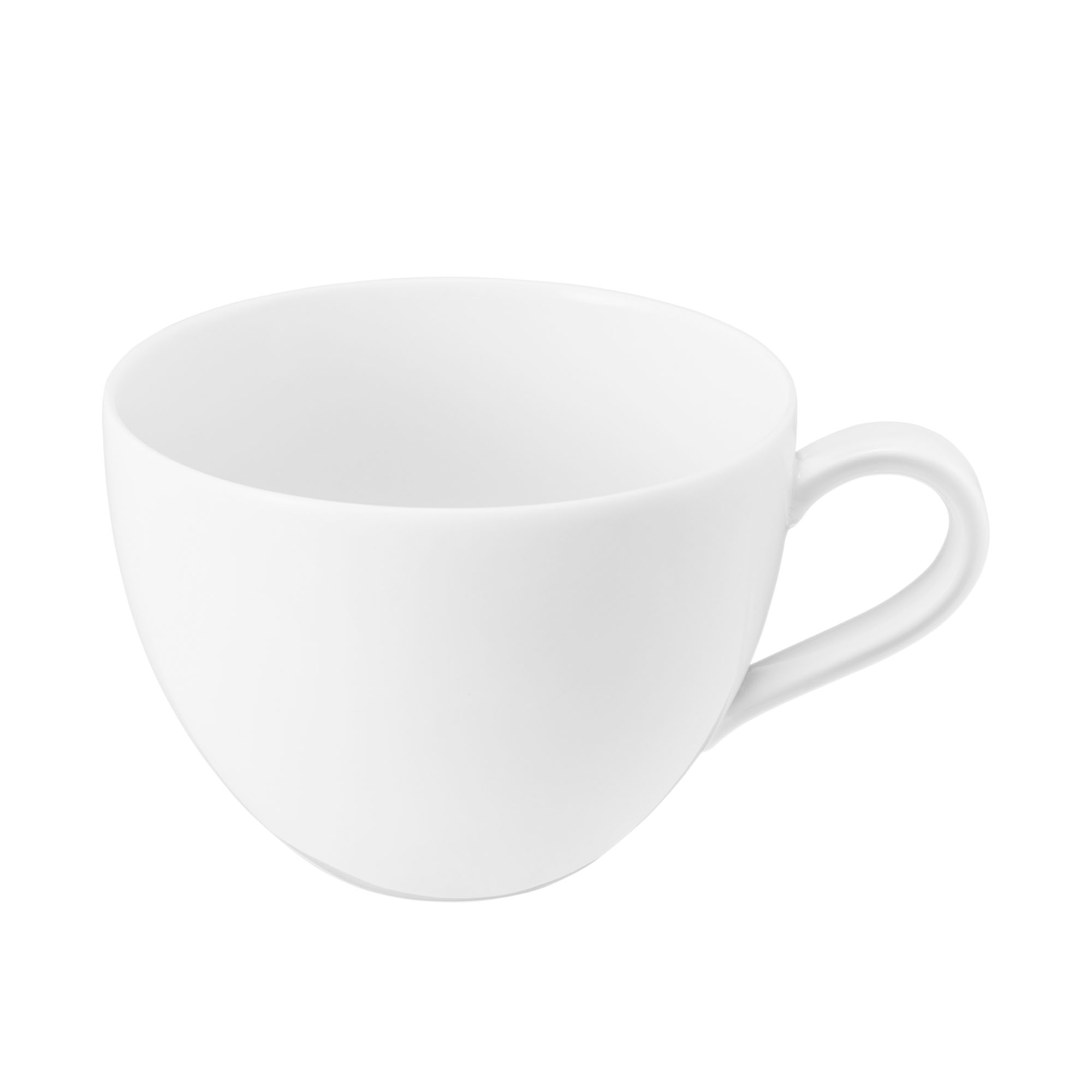 schräge Ansicht mit Henkel: Tasse in Weiß. Erkennbar: kleine geradlinige Form mit Henkel.