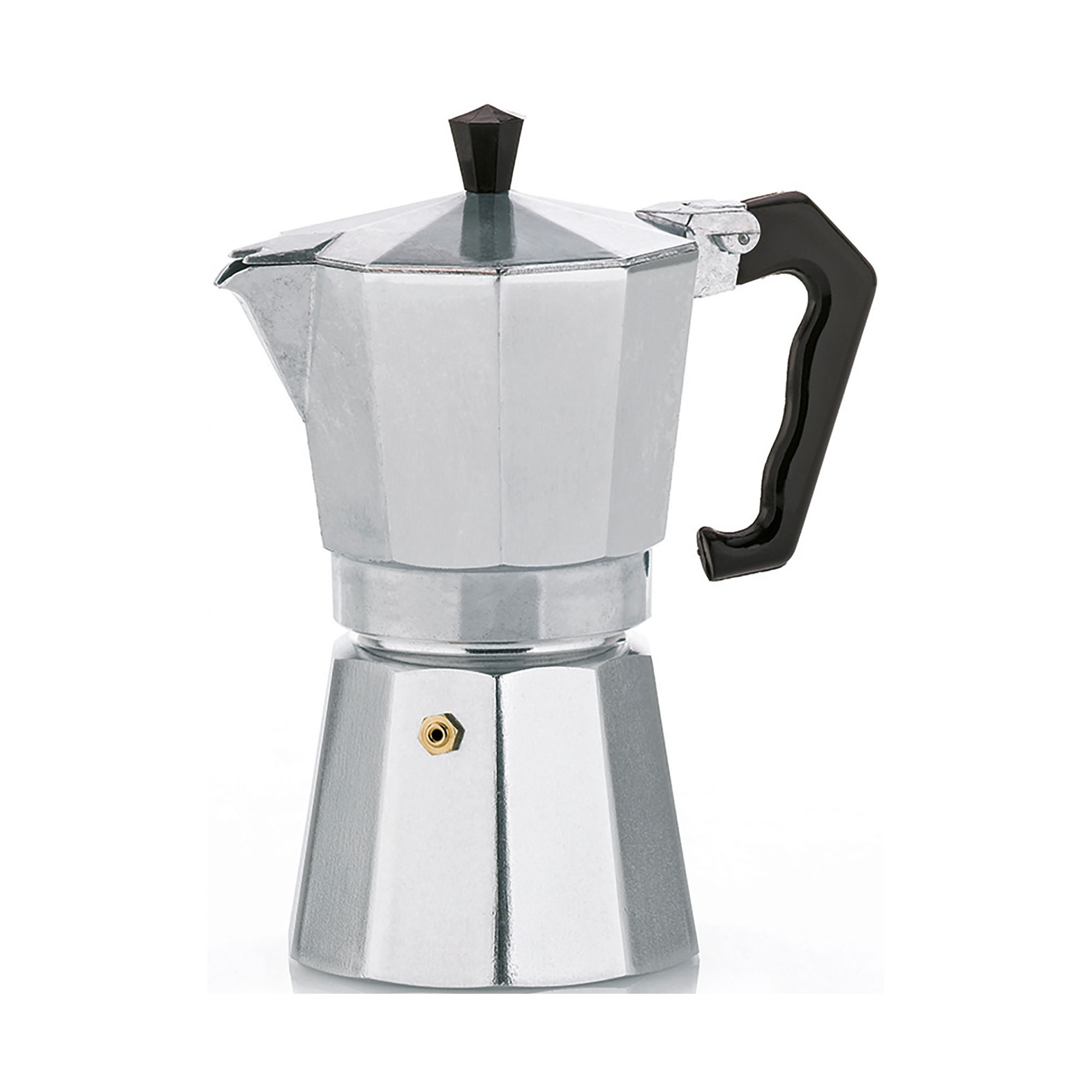 Achteckiger Espressobereiter aus silberfarbenem Metall mit schwarzem Seitengriff und schwarzem Deckelknauf