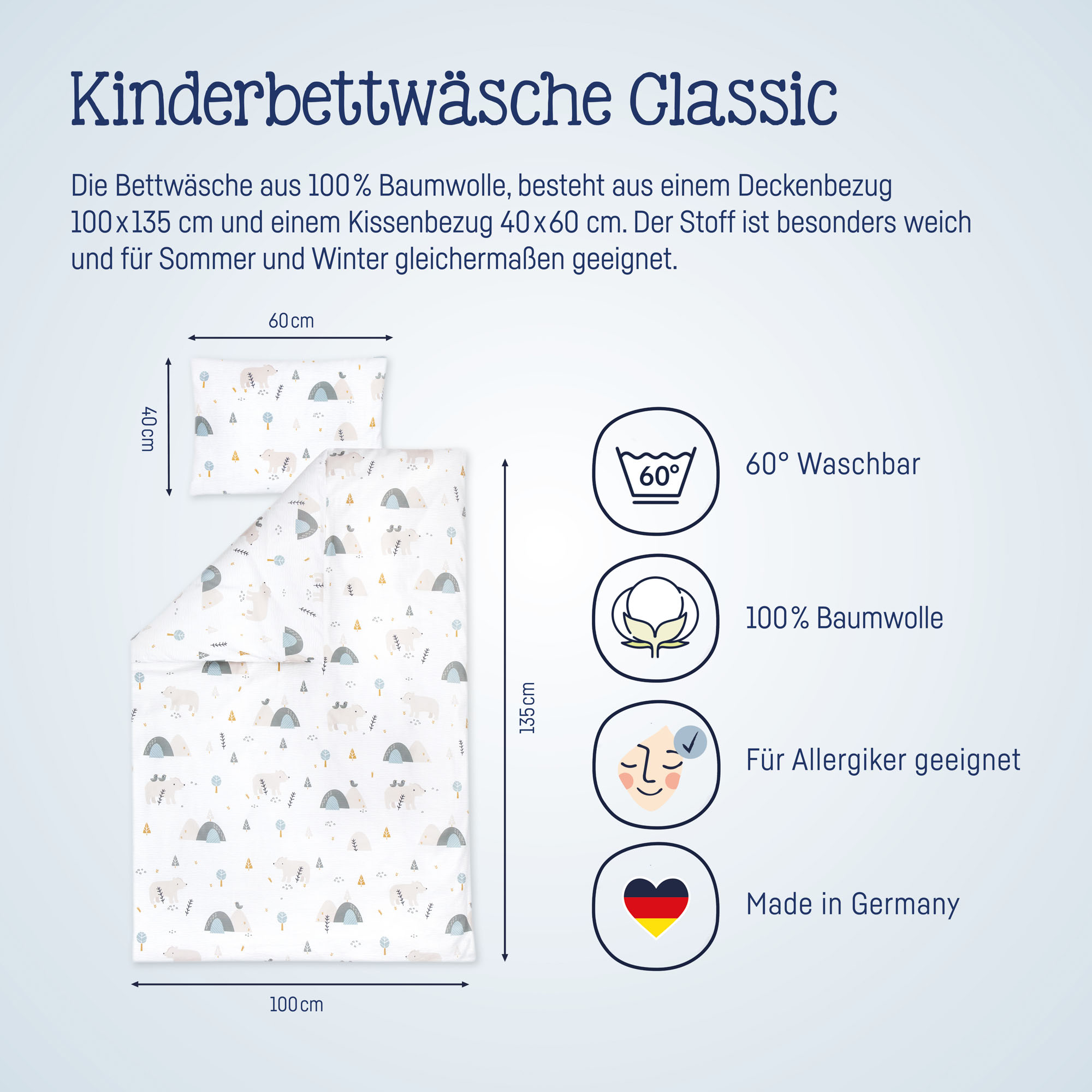 Abgebildet ist die Kinderbettwäsche mit Tiermotiven inklusive Maße und Symbolen zu Material, Waschbarkeit und Herkunf