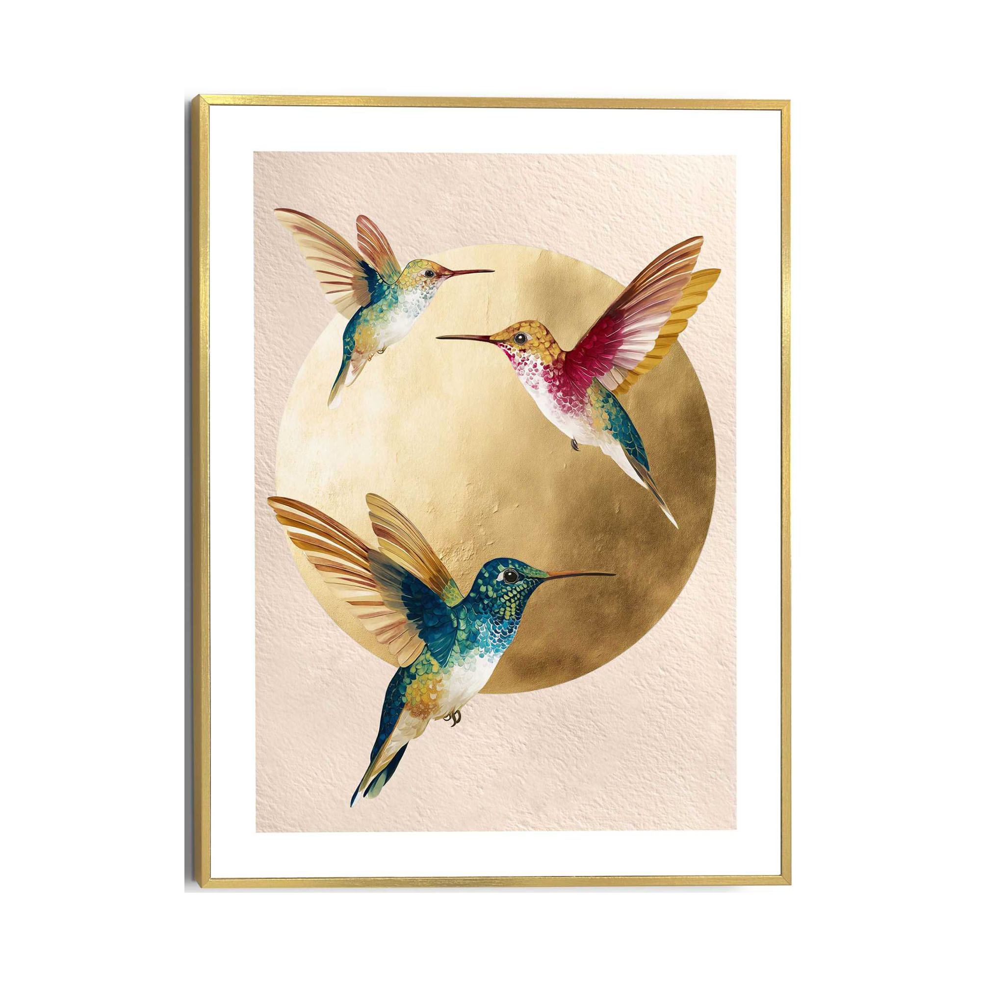 Frontansicht des Wandbilds „Dancing Hummingbirds“ in Gold, Größe 30 × 40 cm; das vollständige Motiv ist zu sehen.