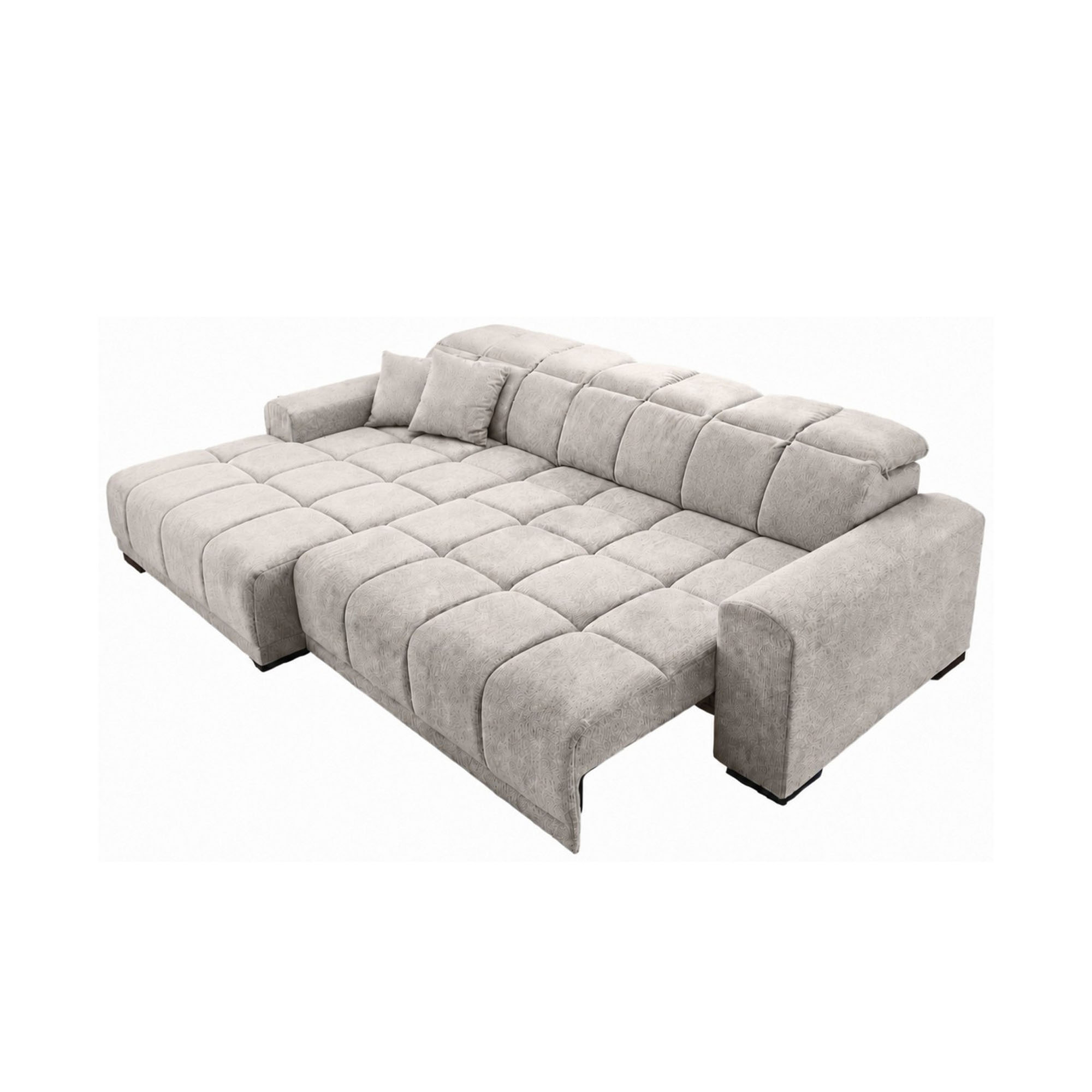 Freigestelltes silbergraues Schlafsofa mit ausgezogenen Sitzflächen, gepolsterten Rückenlehnen, zwei Kissen und breiten Armlehnen aus rechter Perspektive