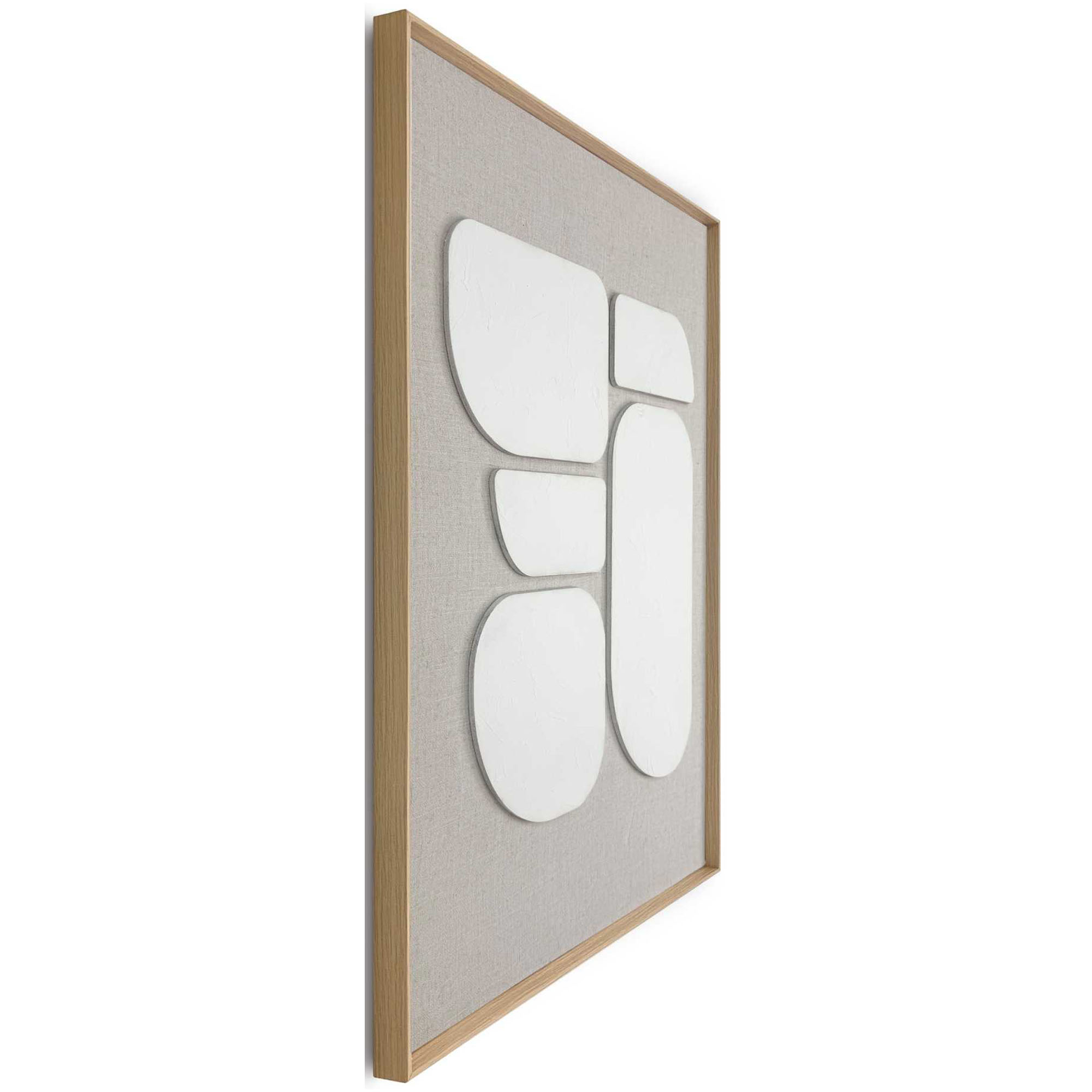Seitliche Schrägansicht des Wandbilds „Organic Blocks Linen Wood“, 50 × 70 cm; Profil, Kante und Tiefe des Bildes sind erkennbar.