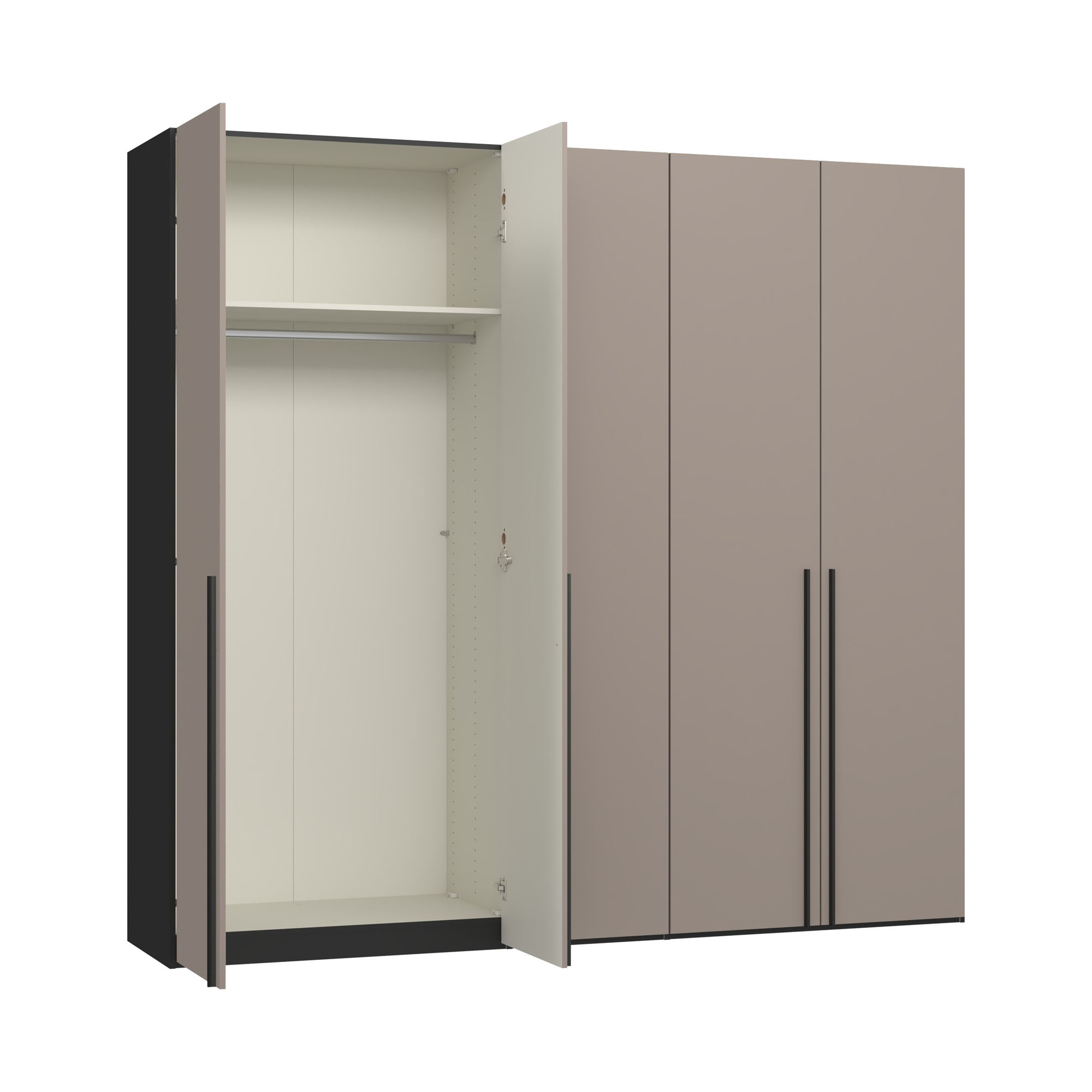 Kleiderschrank mit links geöffneter Tür und Innenansicht mit Stauraumaufteilung