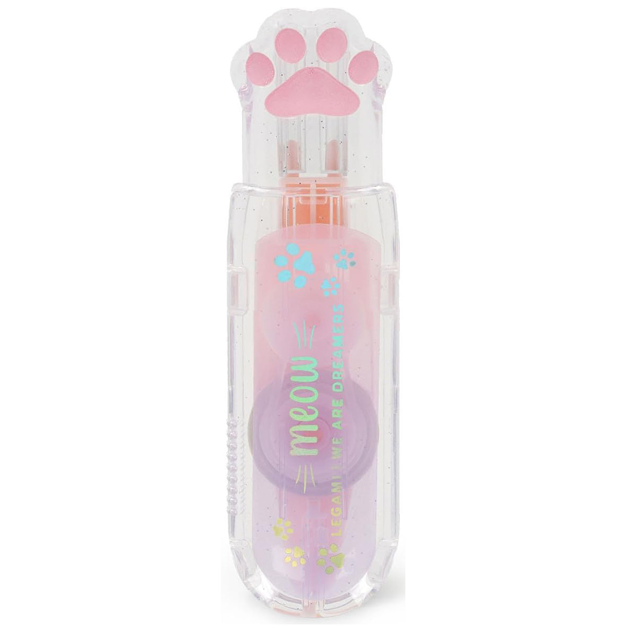 Transparenter rosa Korrekturroller mit Katzenpfote, frontal mit transparentem Gehäuse und Pfotenform am oberen Ende dargestellt.