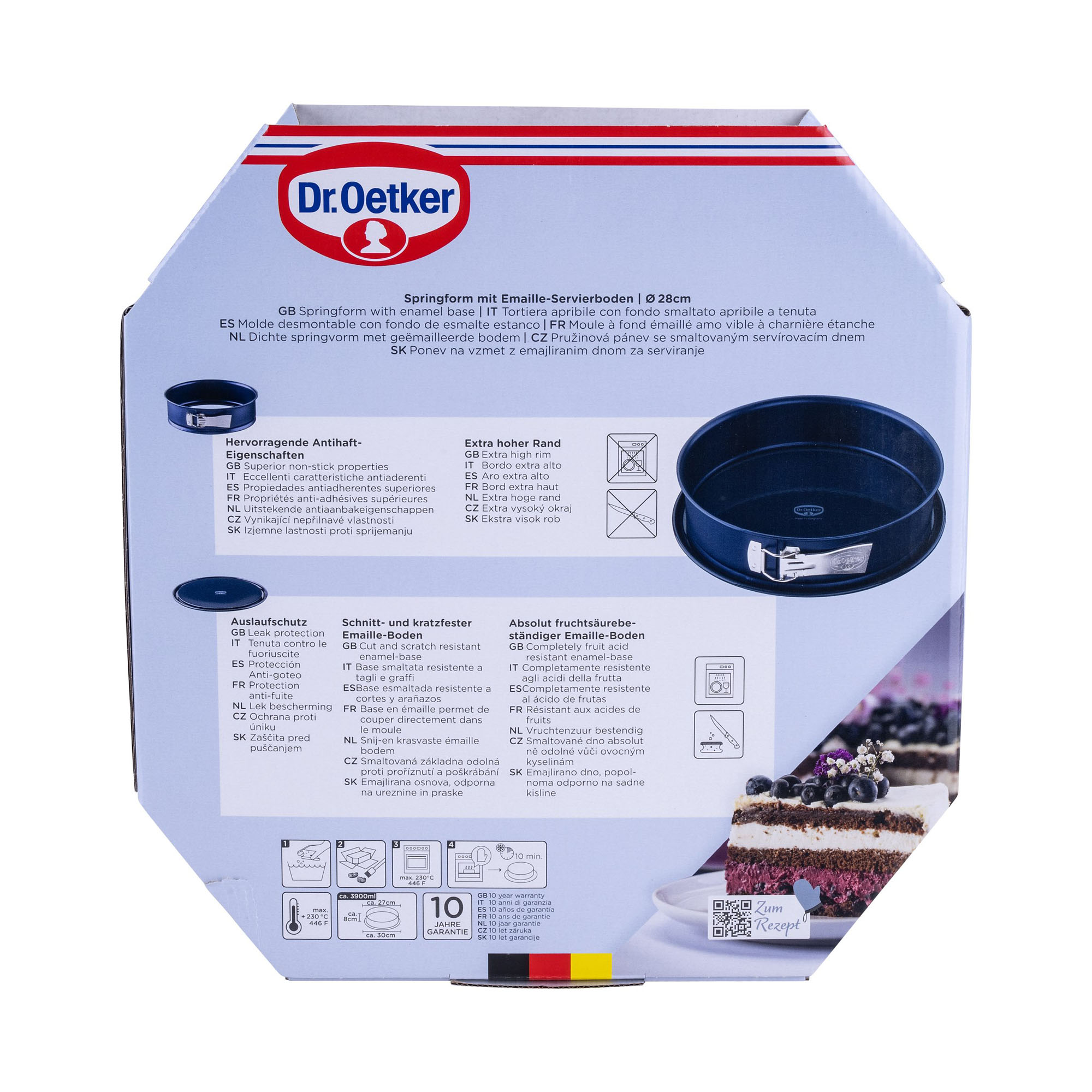 Rückseite der Verpackung zeigt Eigenschaften und Anwendung der Emaille Springform von Dr Oetker