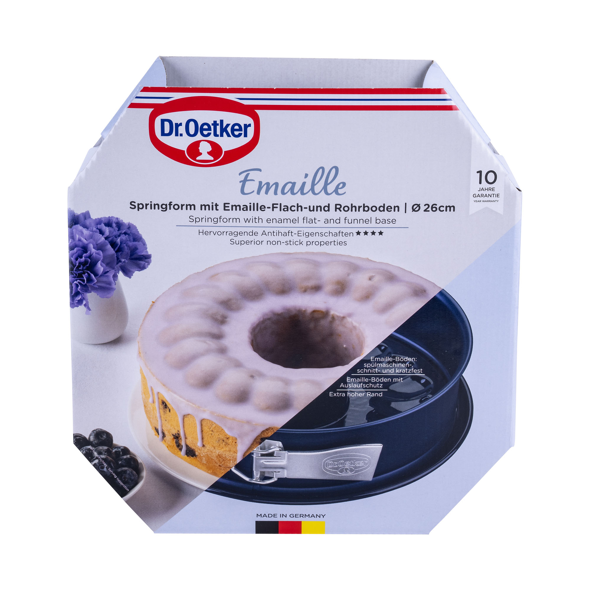 Verpackung der Emaille Springform 26 cm mit Rohrboden von Dr Oetker mit Gugelhupf