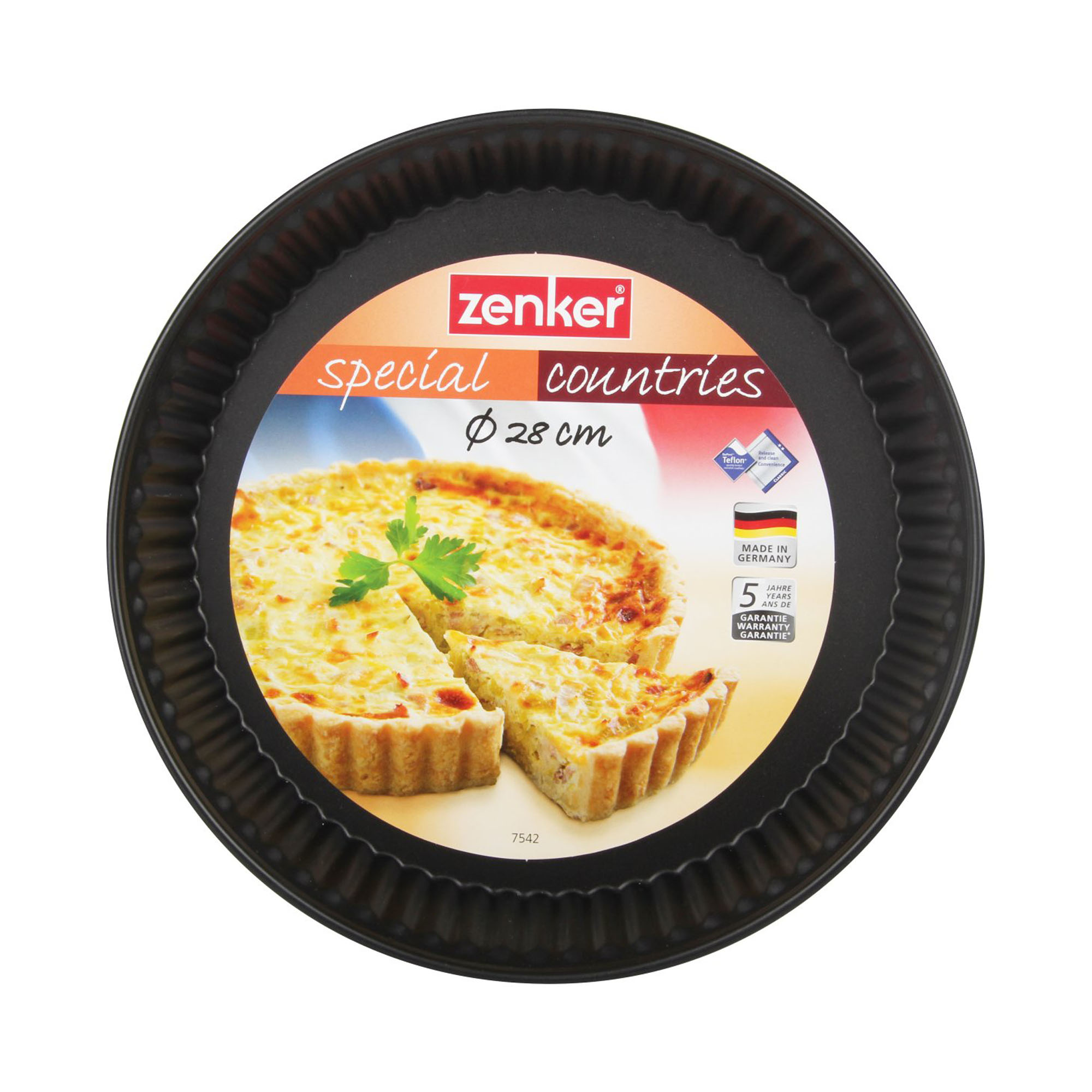 Quicheform mit Verpackung und Abbildung einer gebackenen Quiche als Serviervorschlag