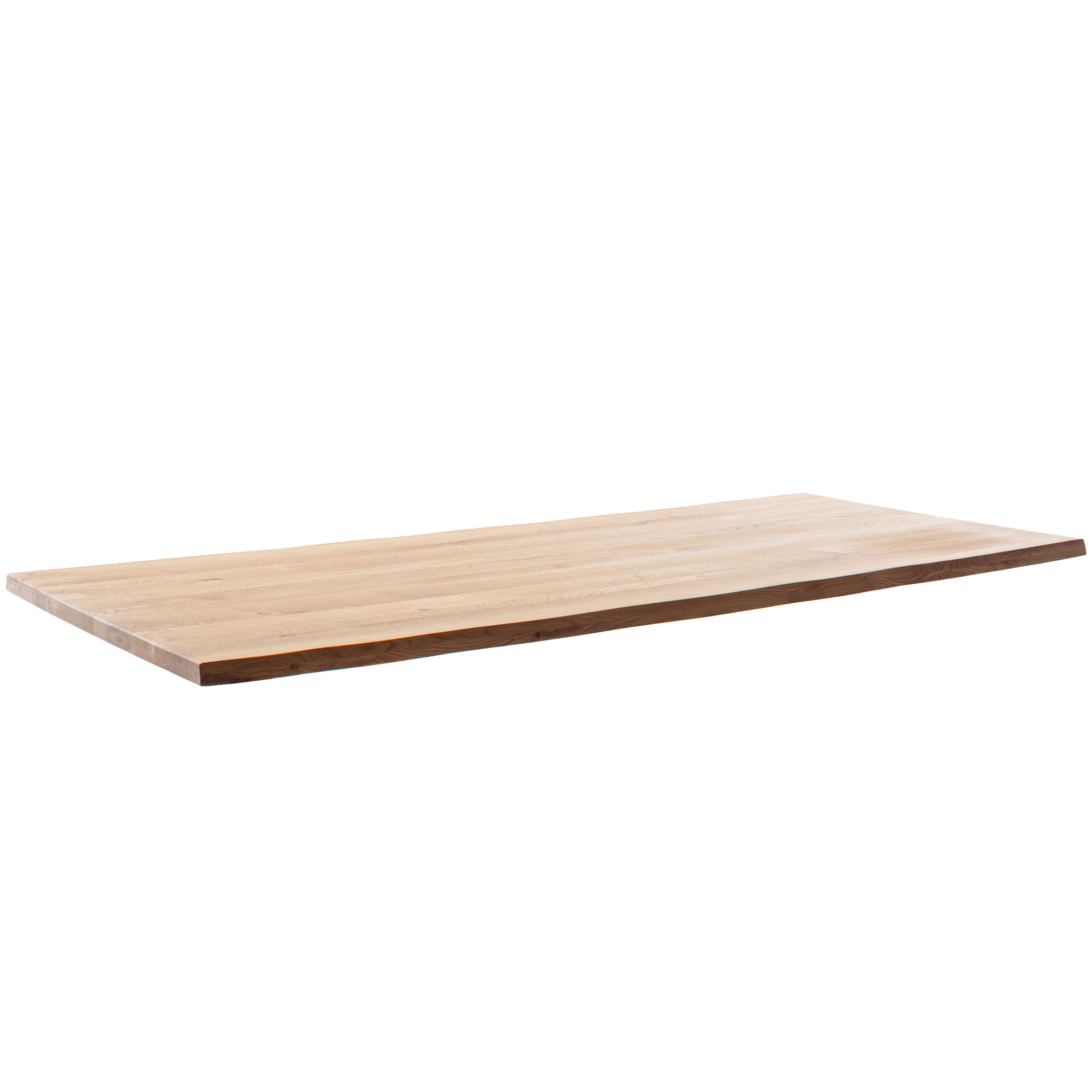 Rechteckige Tischplatte aus naturfarbenem Holz mit unregelmäßig gearbeiteten Kanten, vor weißem Hintergrund.