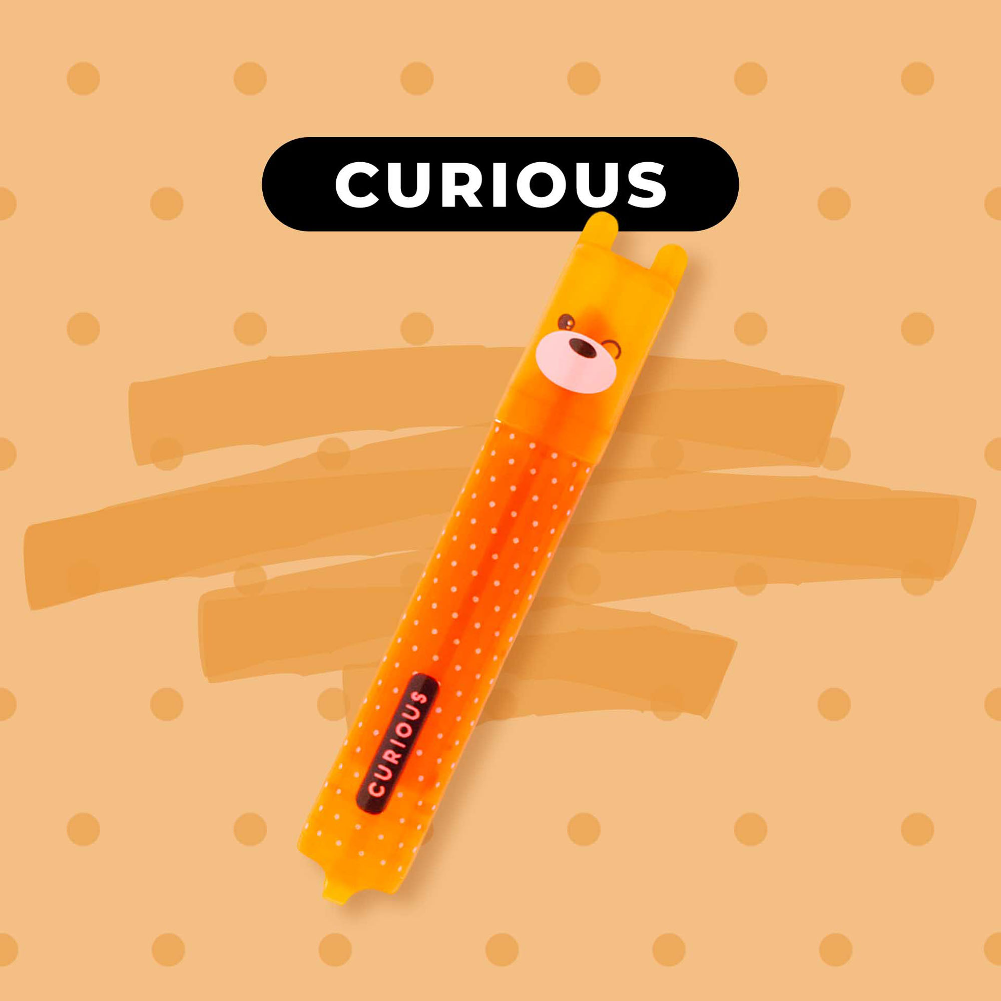 Sechs Mini-Textmarker mit farbigen Stimmungsbegriffen, mit dem orangefarbenen Textmarker vor orangefarbenen Farbstreifen und der Aufschrift „Curious“ gezeigt.