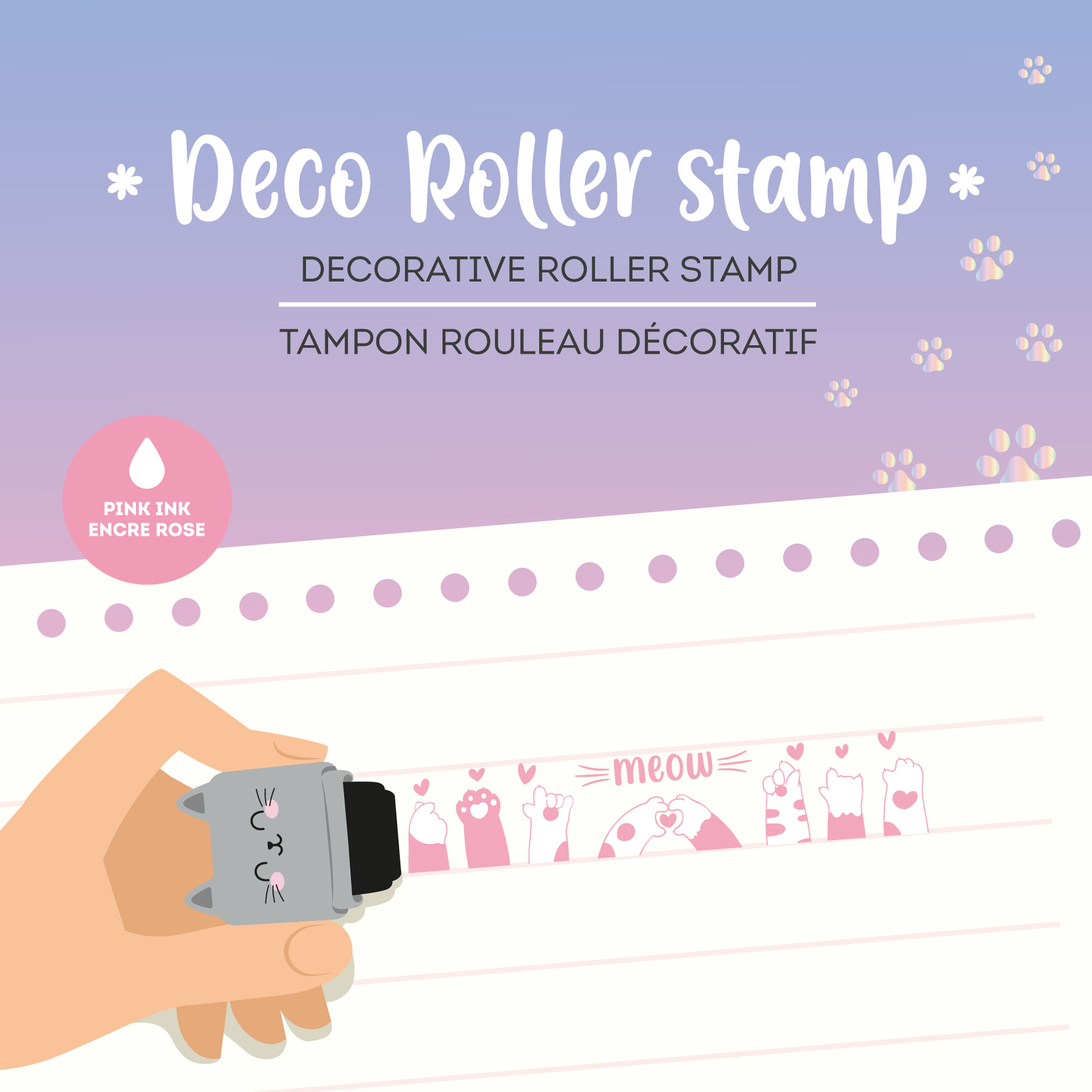 Grauer Deko-Rollstempel im Katzen-Design, in einer Grafik beim Rollen eines fortlaufenden Dekormusters über Papier gezeigt.