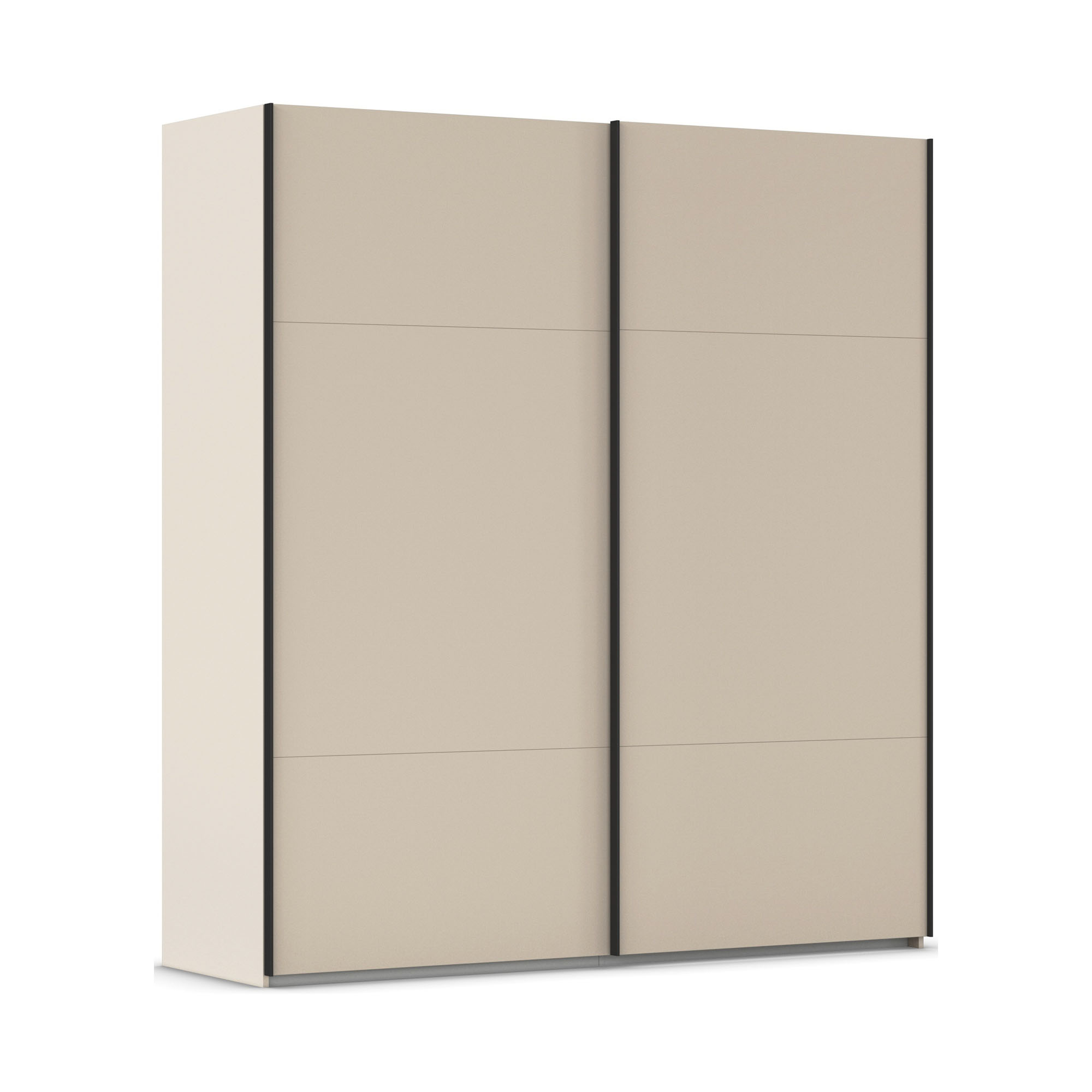 Schwebetürenschrank in Champagner, in Schrägansicht dargestellt.