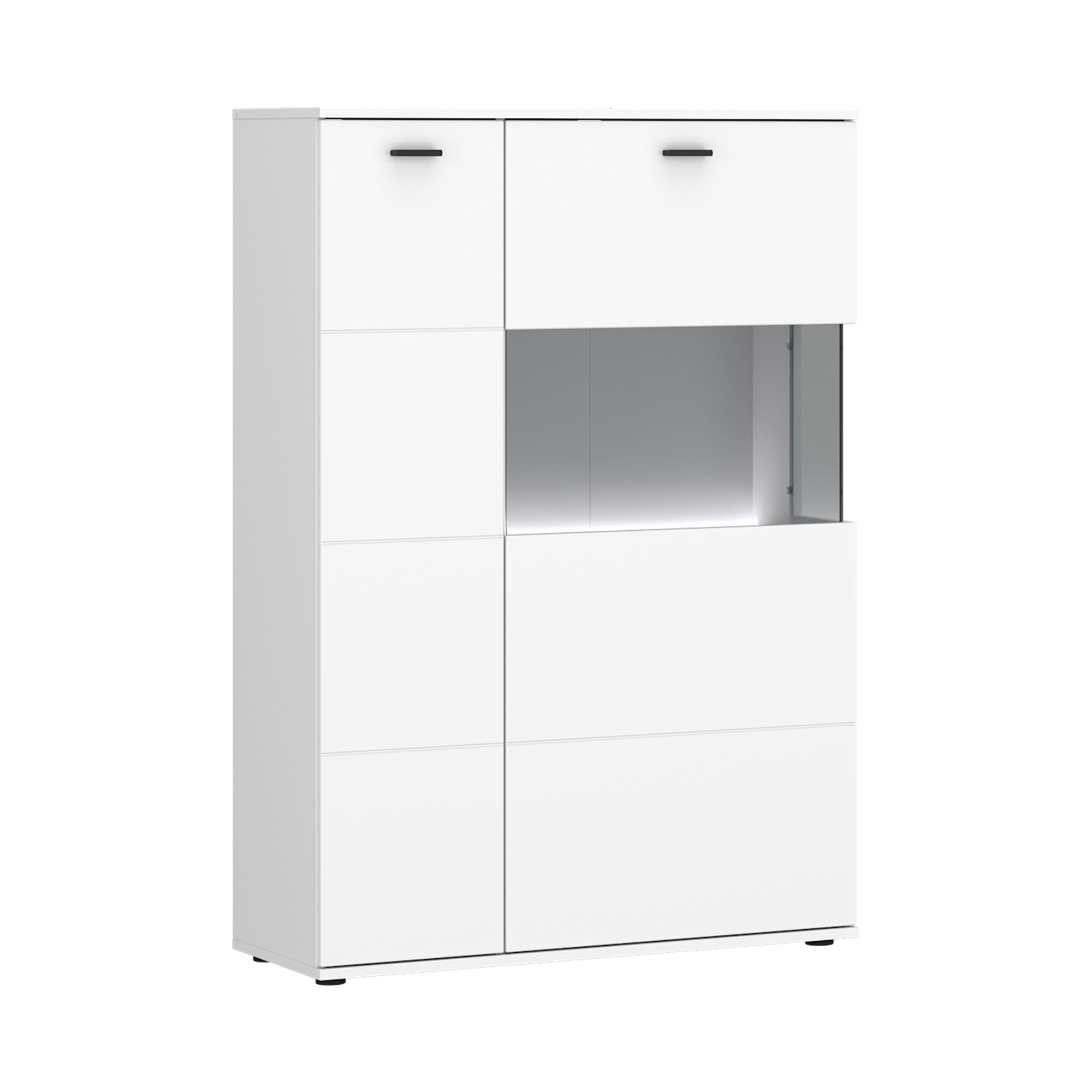 Modernes Highboard in Weiß mit Glasfach, integrierter LED-Beleuchtung und viel Stauraum für Wohn- und Esszimmer1