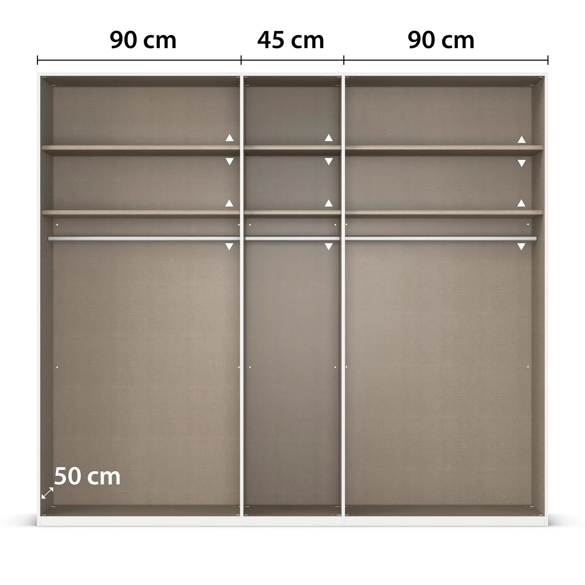 Innenansicht eines 5-türigen Kleiderschranks mit drei Fächern, Kleiderstangen und Einlegeböden, mittleres Fach 45 cm breit