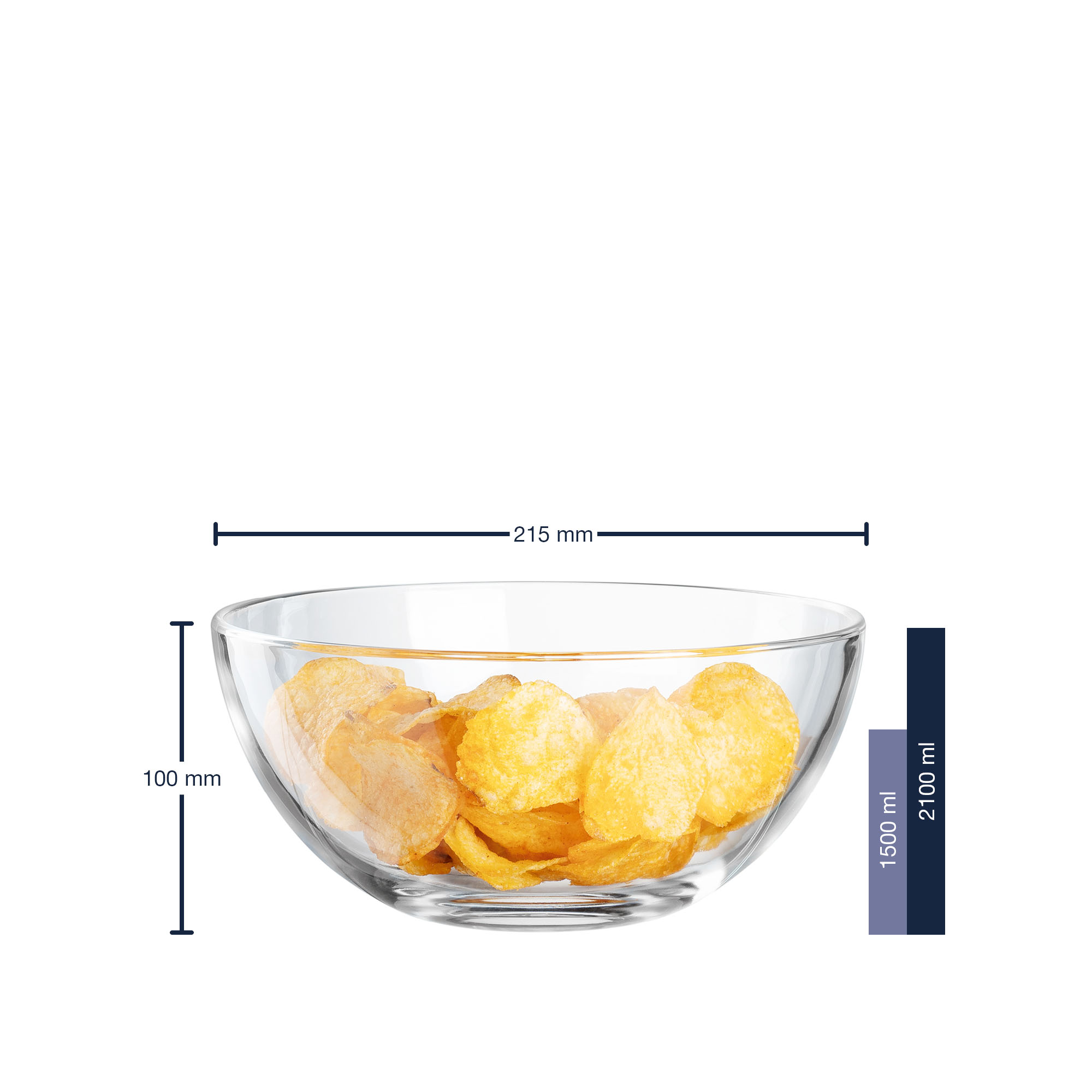 Große Glasschale mit Chips gefüllt mit Angabe von 215 mm Durchmesser 100 mm Höhe und 2100 ml Volumen