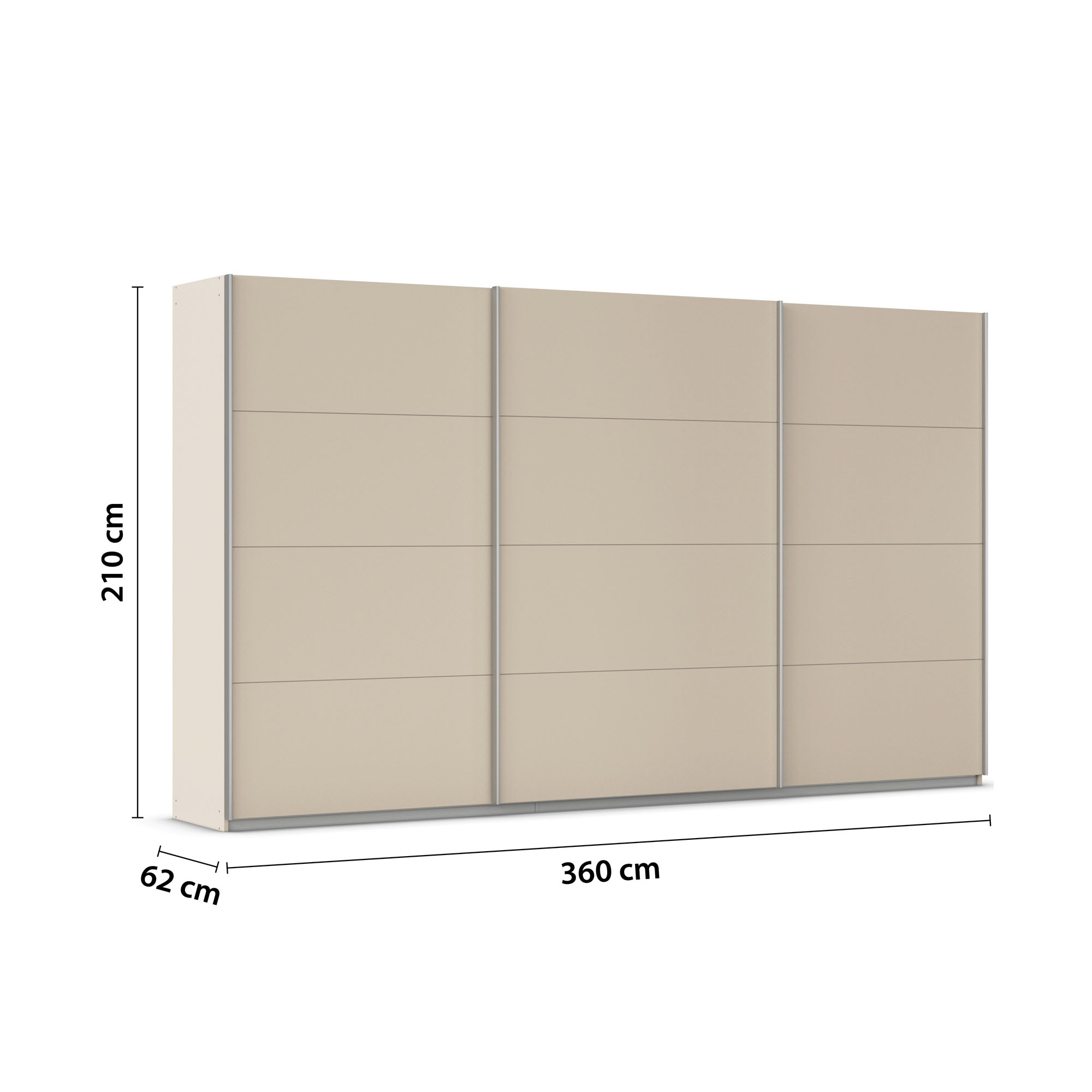 Maßzeichnung des Kleiderschranks mit 360 cm Breite, 210 cm Höhe und 62 cm Tiefe