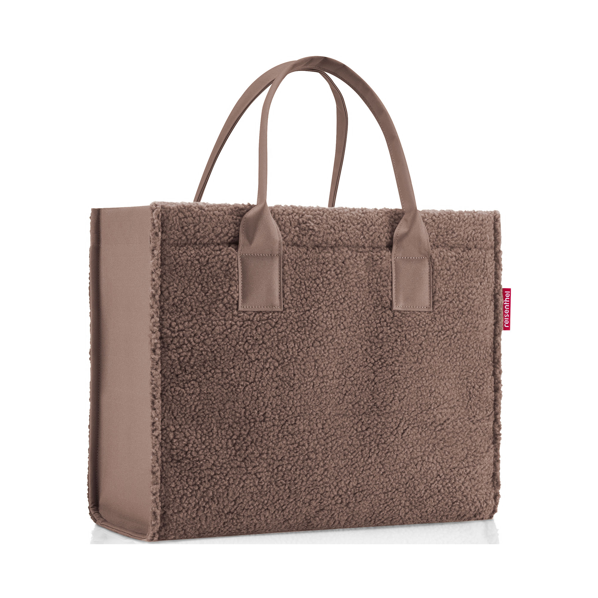 Shopper von Reisenthel, Modell Daily Shopper, in Schokoladenbraun aus Teddyfleece, frontal mit zwei kurzen Tragegriffen