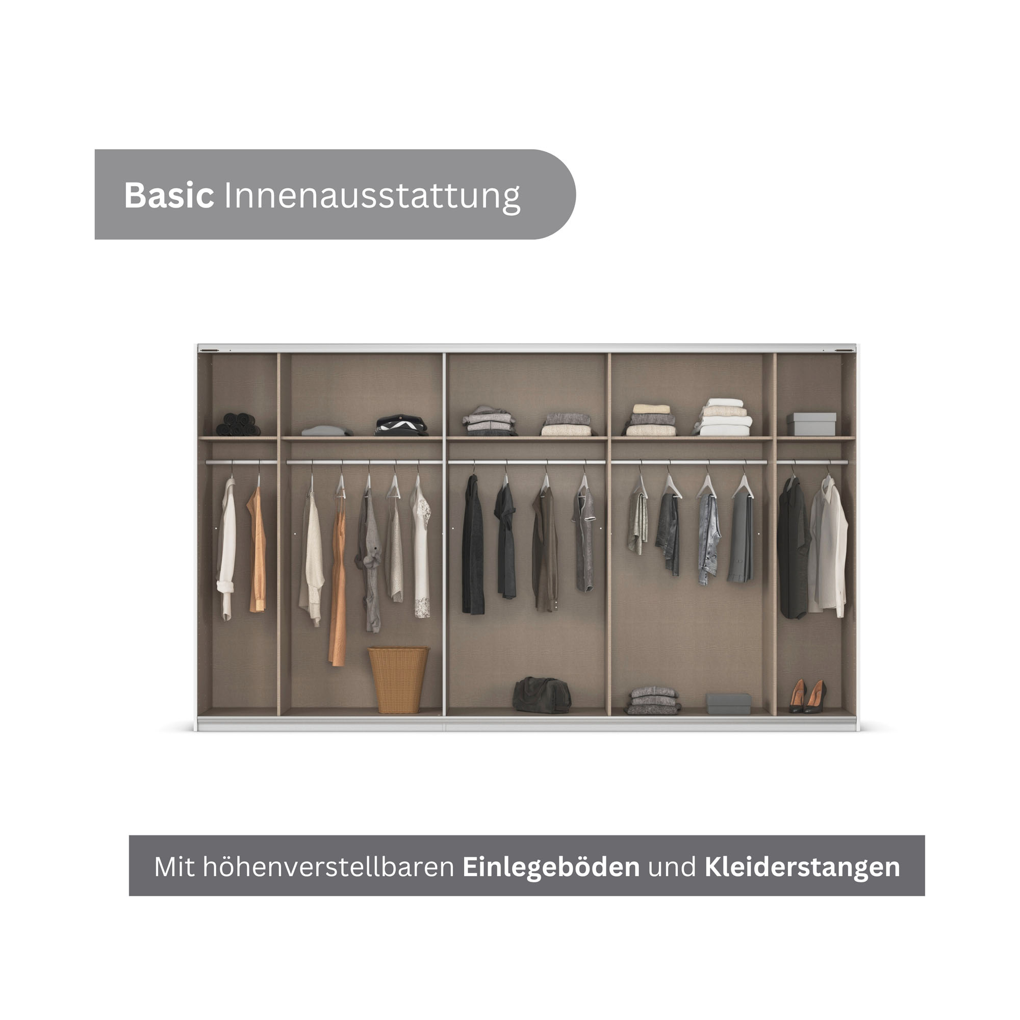 Innenansicht eines Kleiderschranks mit Einlegeböden, Kleiderstangen und ordentlich sortierter Kleidung
