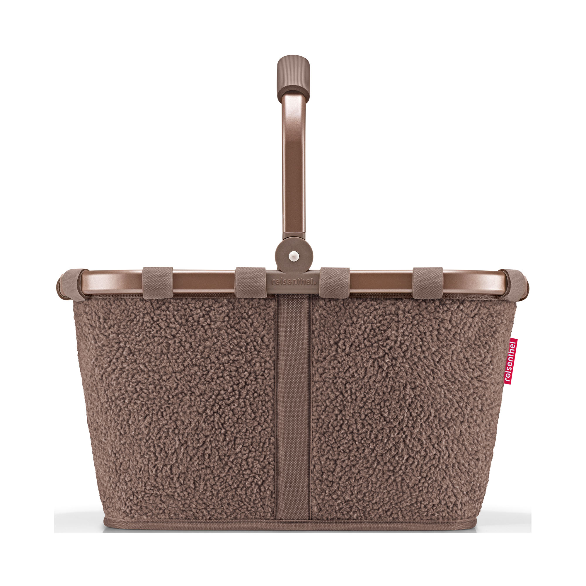 Einkaufskorb von Reisenthel, Modell Carrybag, in Schokoladenbraun aus Teddyfleece, von hinten mit hochgestelltem Tragegriff