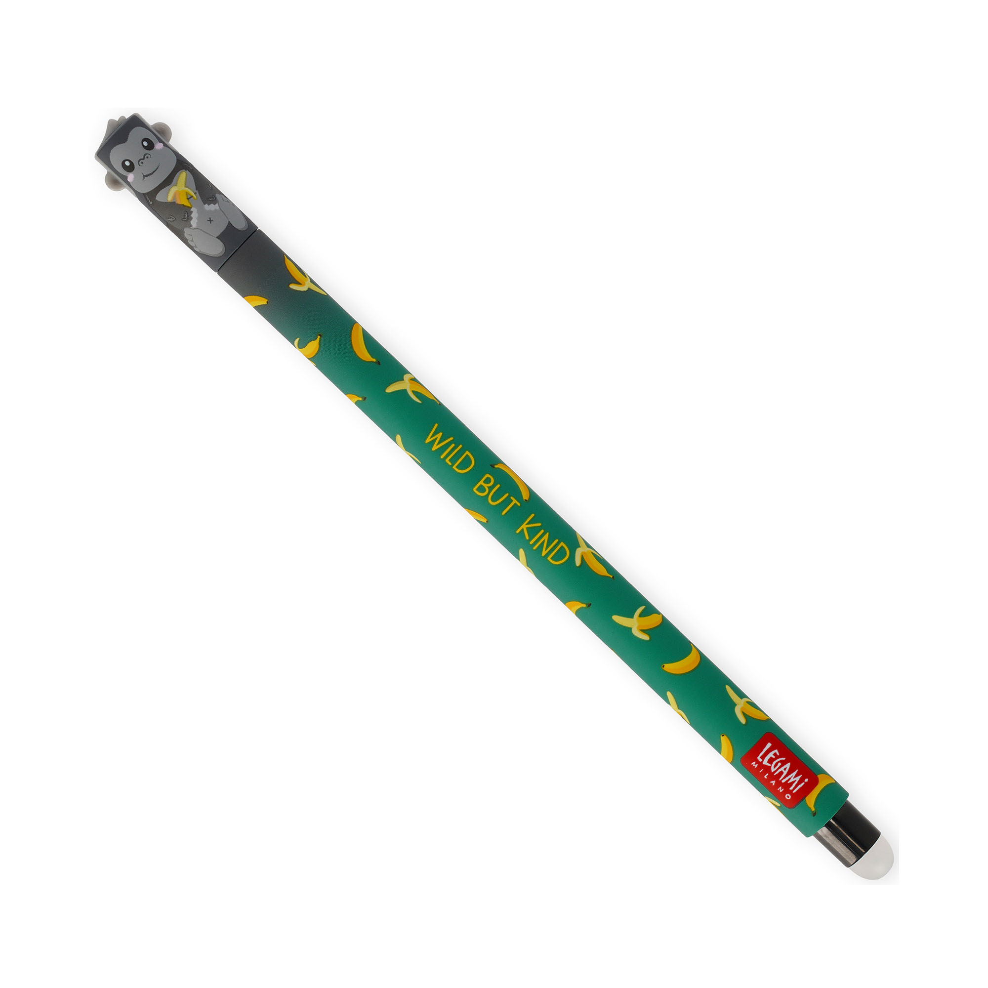 Dunkelgrüner löschbarer Gelstift im Gorilla-Design, vollständig diagonal auf weißem Hintergrund dargestellt.
