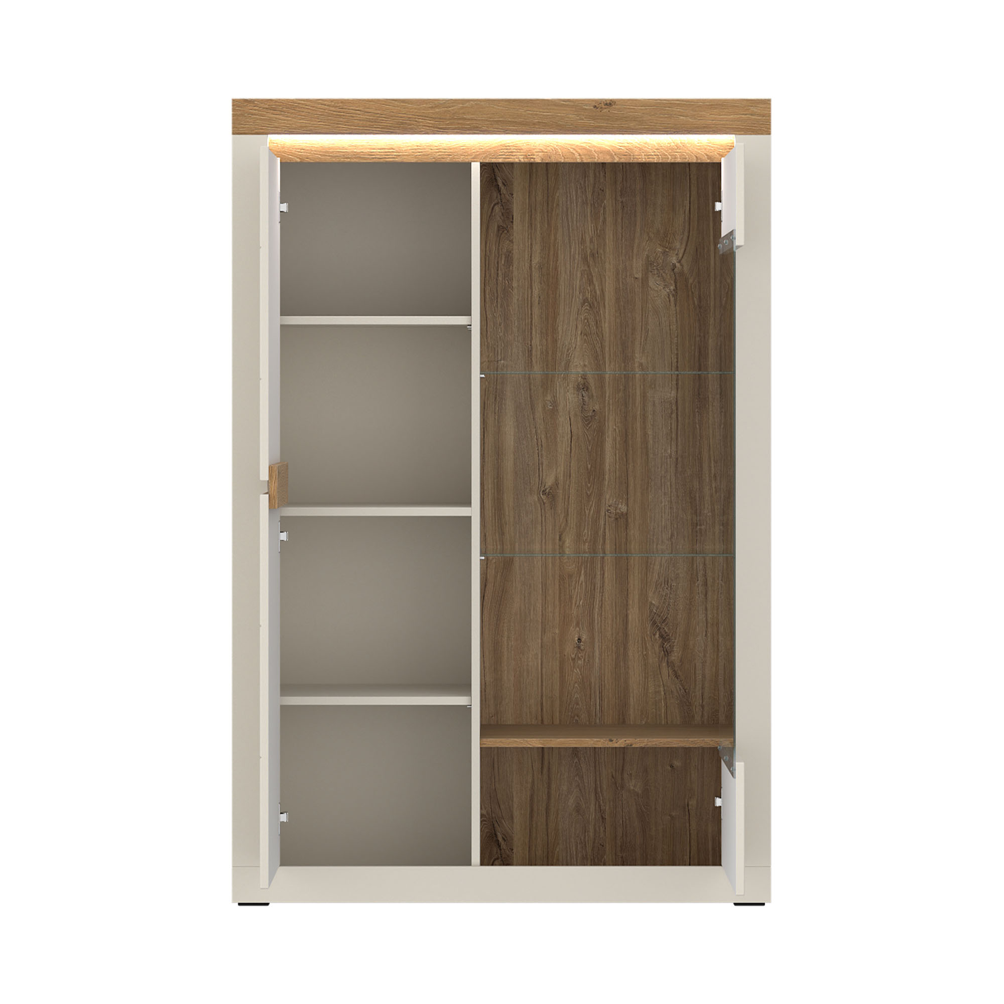 Geöffnete Vitrine mit Einlegeböden, Glaselementen und beleuchtetem Ausstellungsbereich für Dekoration und Wohnaccessoires