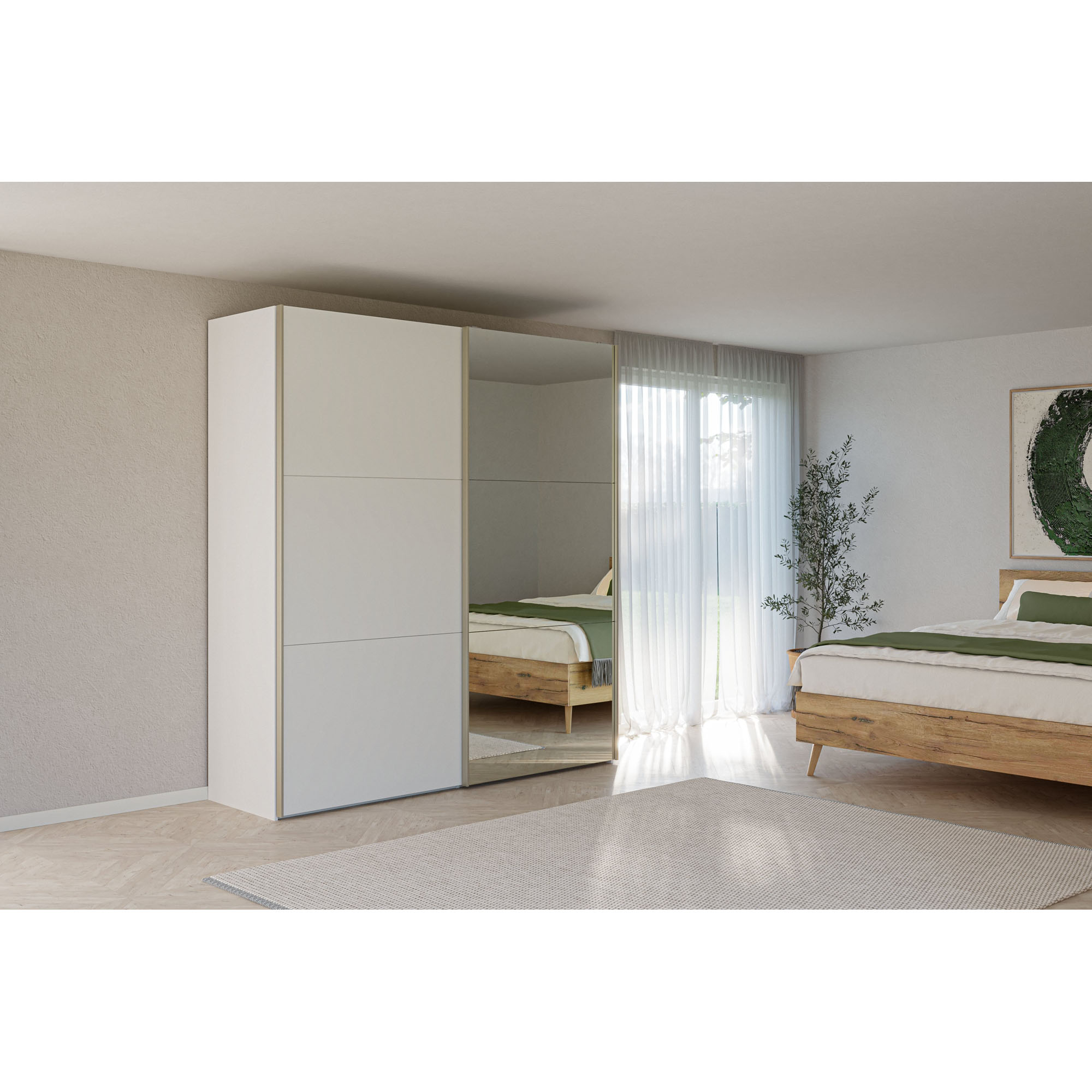 Schwebetürenschrank mit Spiegeltür in einem hellen Schlafzimmer