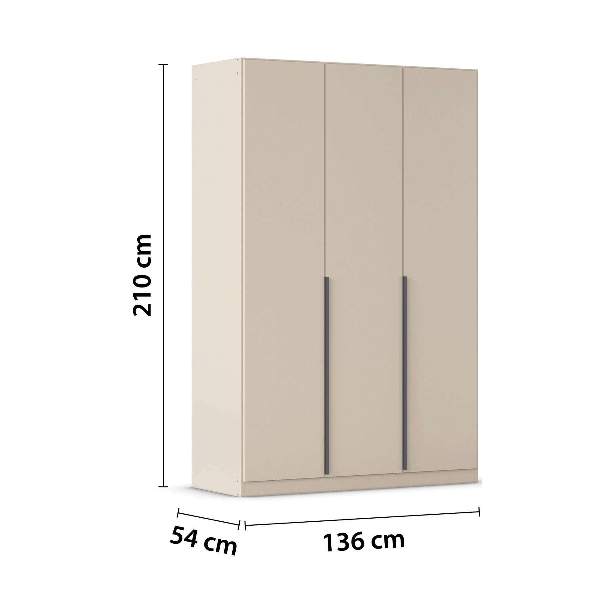 Weißer 3-türiger Kleiderschrank mit Maßangaben Breite 136 cm, Höhe 210 cm und Tiefe 54 cm