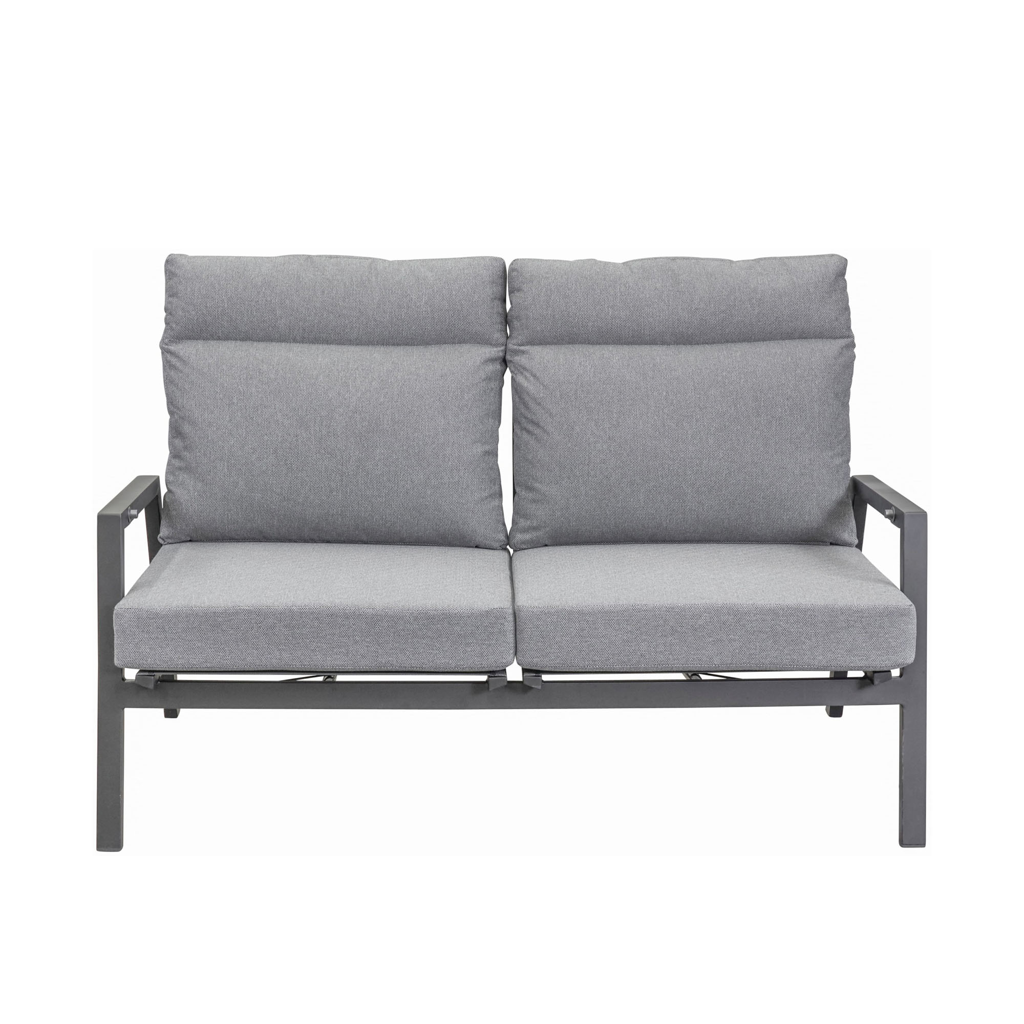 Gartensofa mit zwei Sitzplätzen in Frontansicht vor weißem Hintergrund