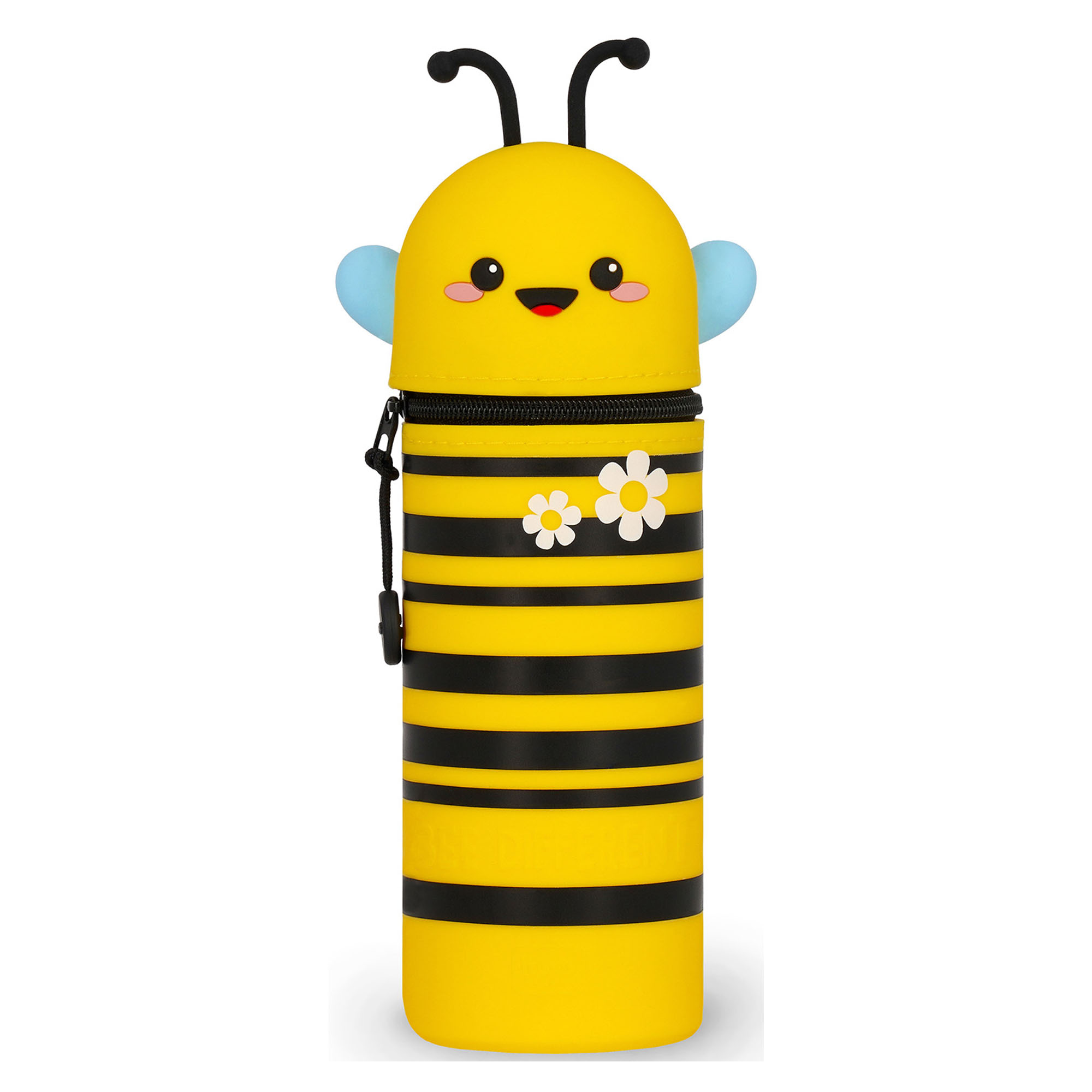 Gelb-schwarzes 2-in-1-Silikon-Federmäppchen im Bienen-Design, geschlossen und aufrecht als Tierfigur dargestellt.