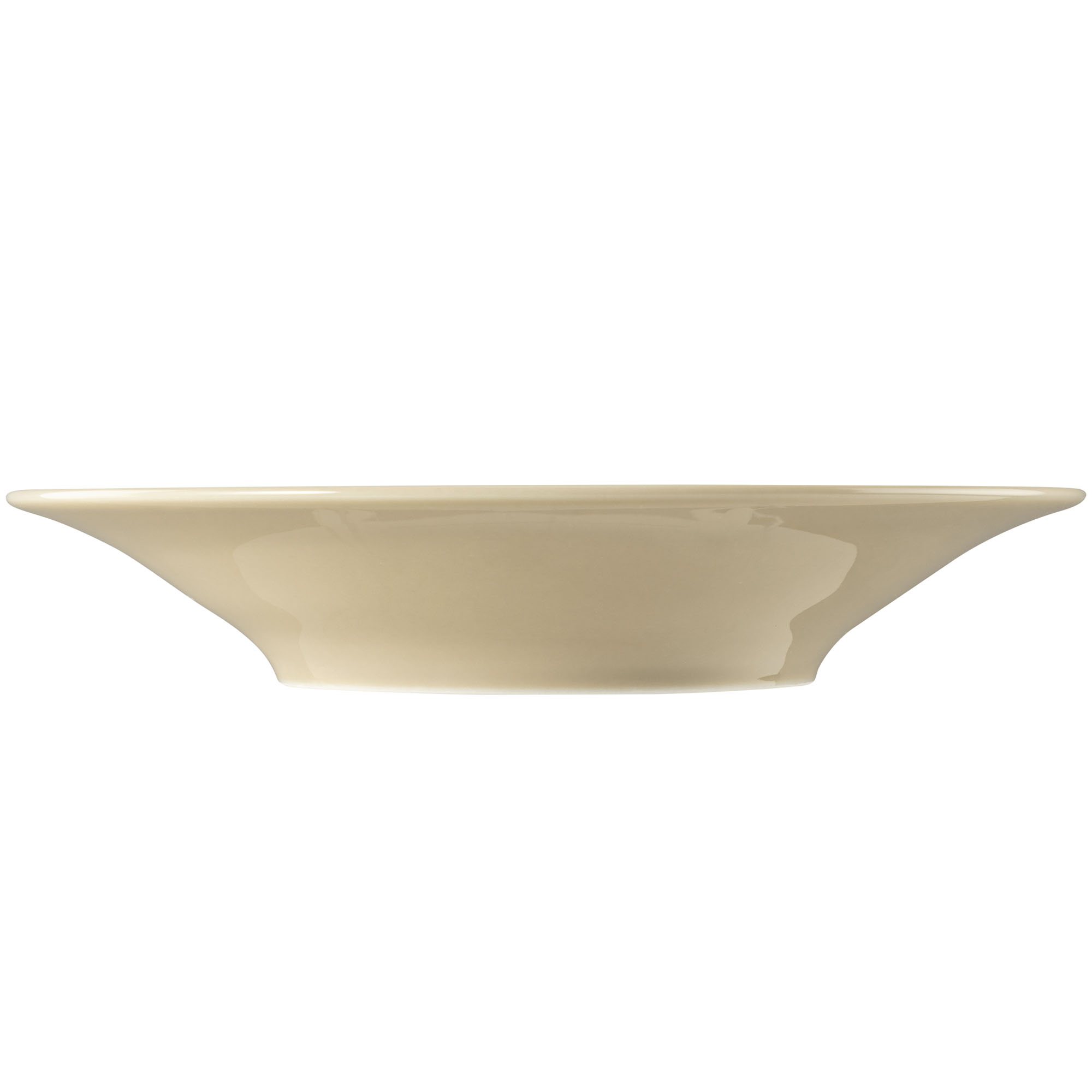 Draufsicht: tiefer Teller in Sandbeige. Erkennbar: rund mit breitem geriffeltem Rand.