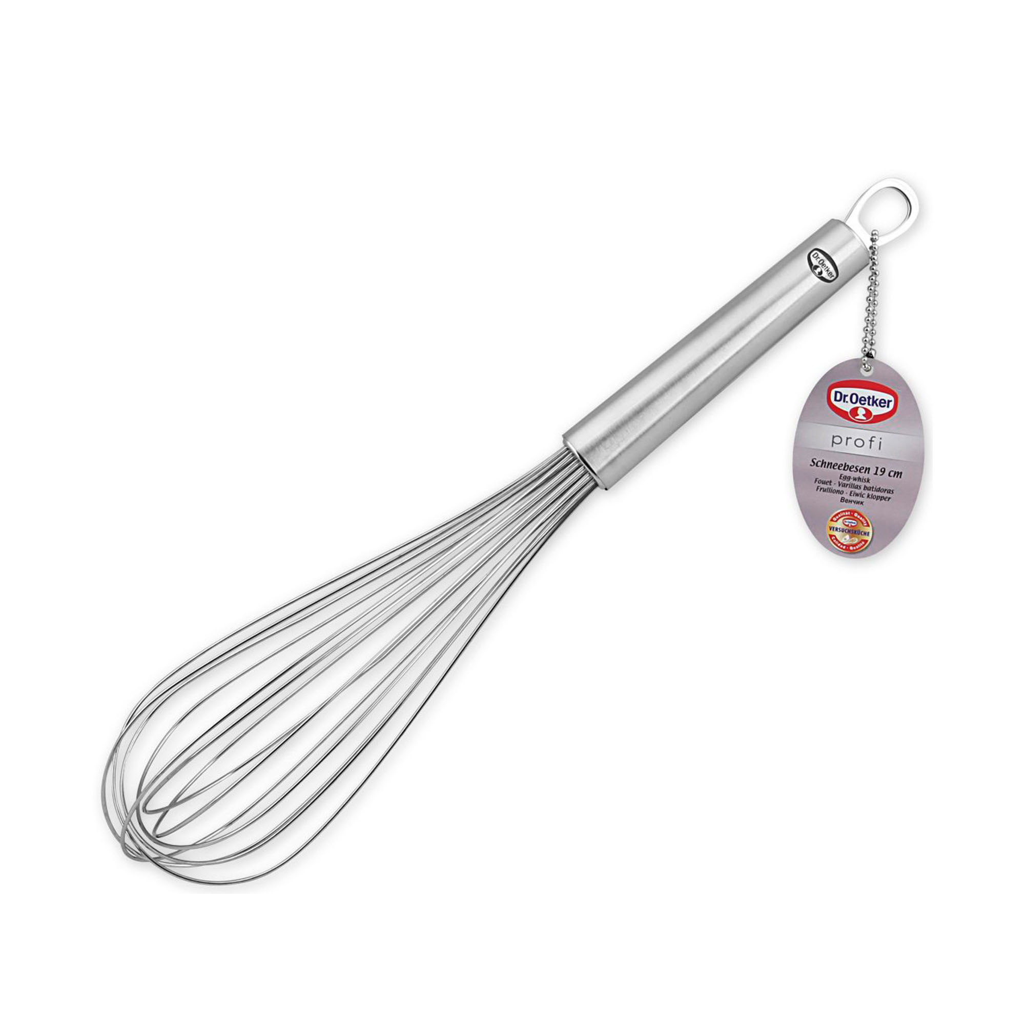 Großer Edelstahl Schneebesen mit Dr Oetker Anhänger am Griff
