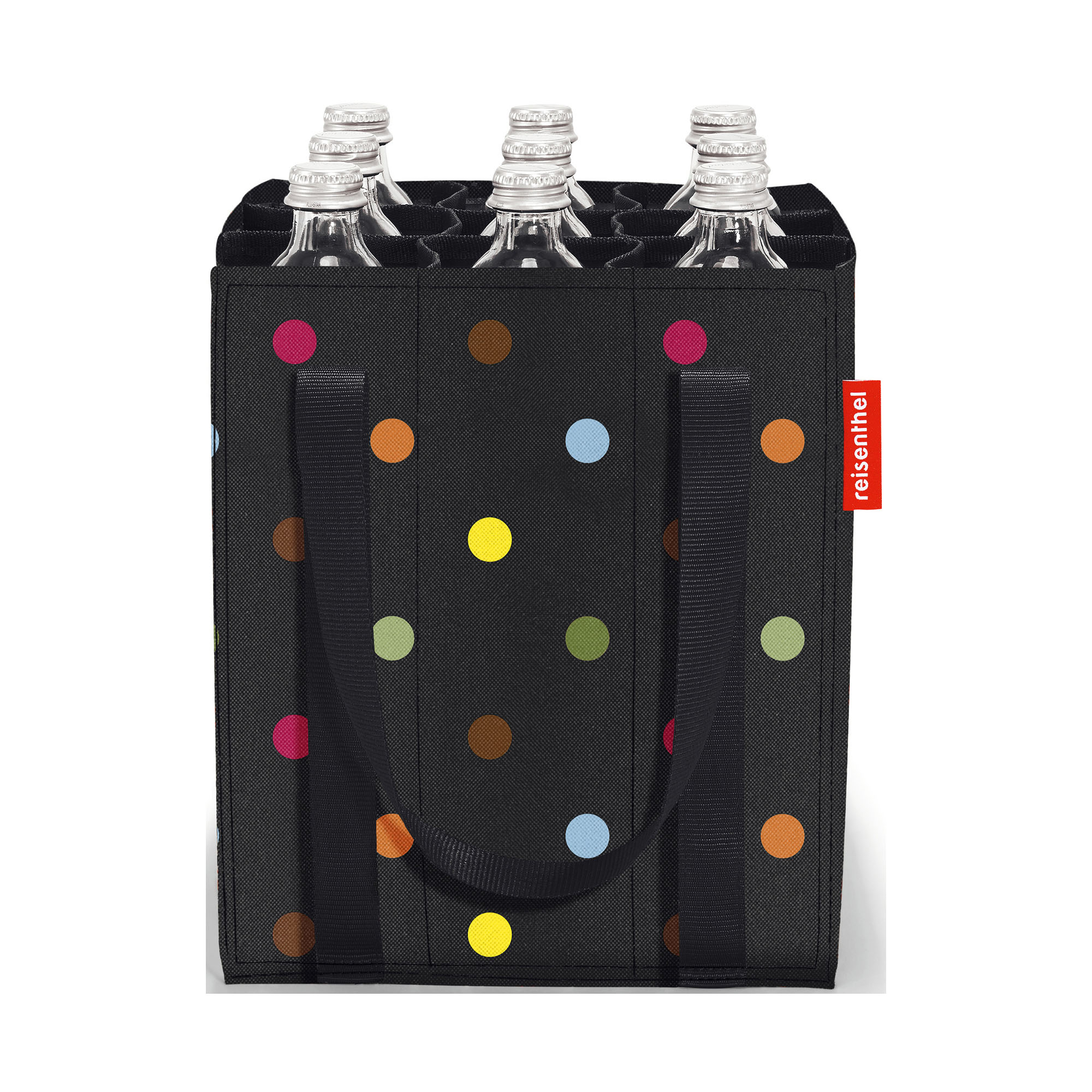 Flaschentasche von Reisenthel, Modell Bottlebag, in Schwarz mit bunten Punkten, frontal mit mehreren eingesetzten Getränkeflaschen.