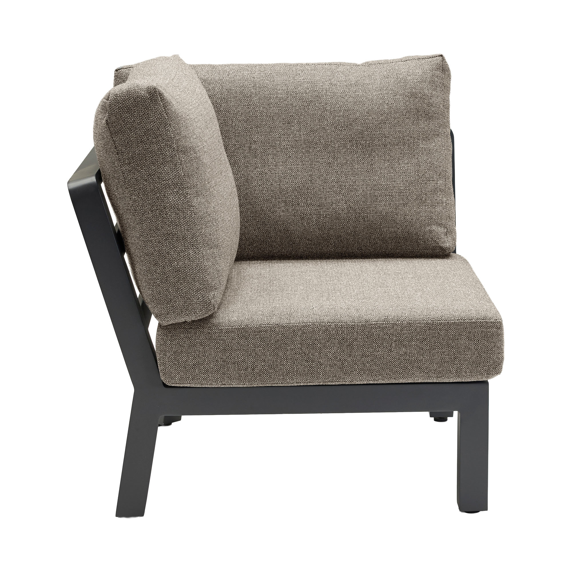 Eckmodul eines Sofas mit Sitzkissen, Rückenkissen und Armlehne, seitliche Ansicht