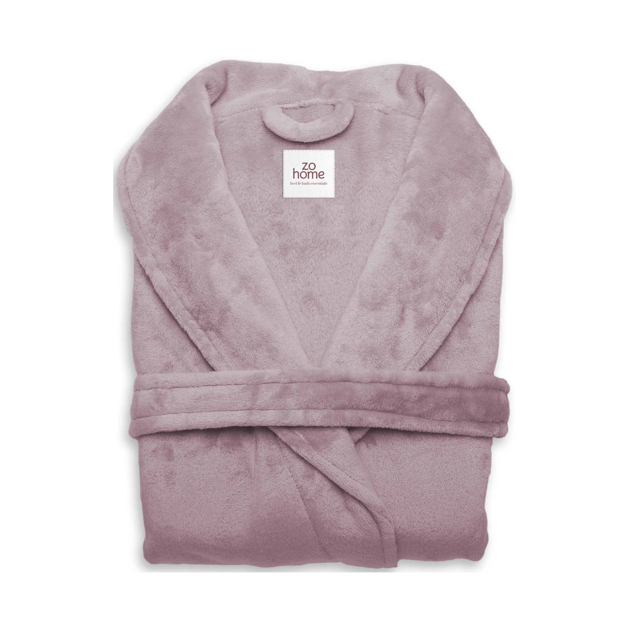 Cara Bademantel in Pale Pink, Größe S: zusammengefalteter Bademantel aus einfarbigem, flauschig wirkendem Stoff, mit sichtbarem Schalkragen und Bindegürtel.