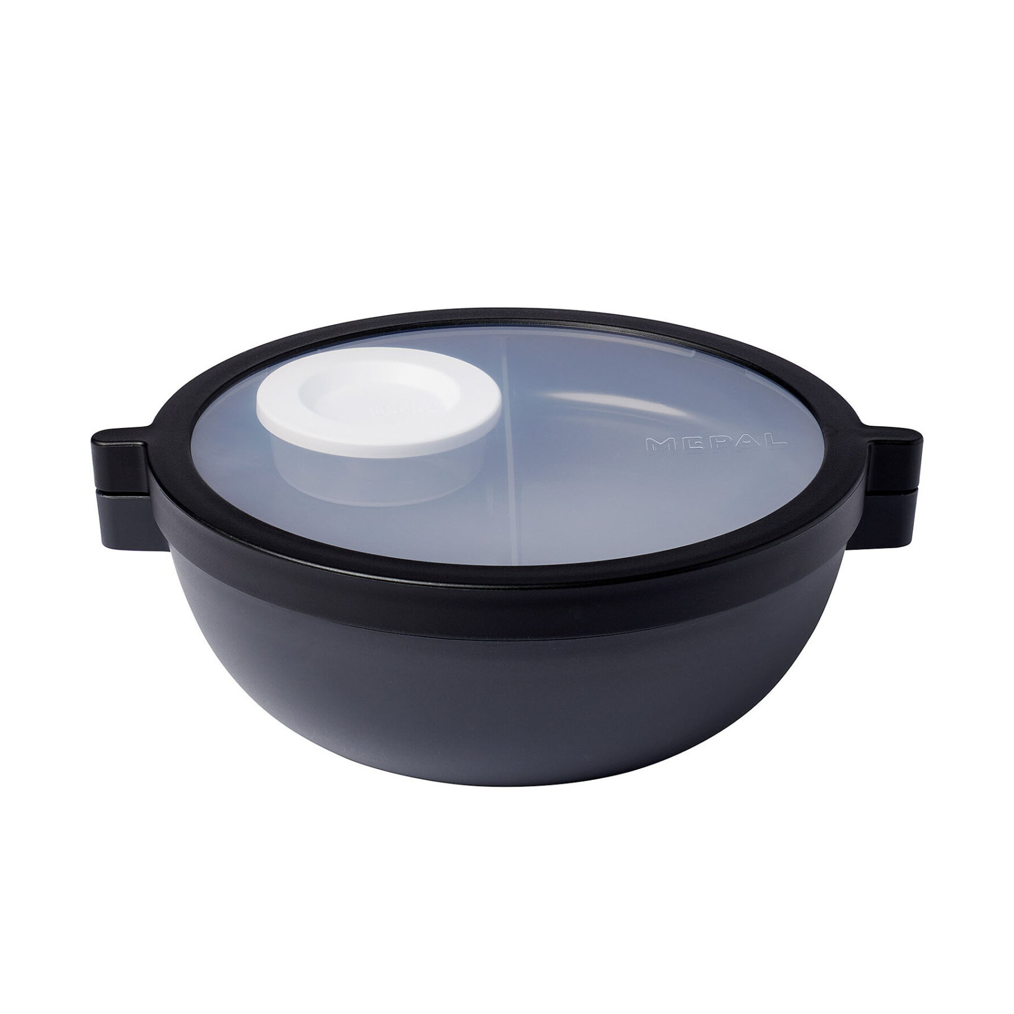 Runde Bento-Lunchbowl Vita in Schwarz mit seitlichen Verschlüssen; durch den Deckel sind die Unterteilung und ein kleiner Behälter mit weißem Deckel sichtbar.