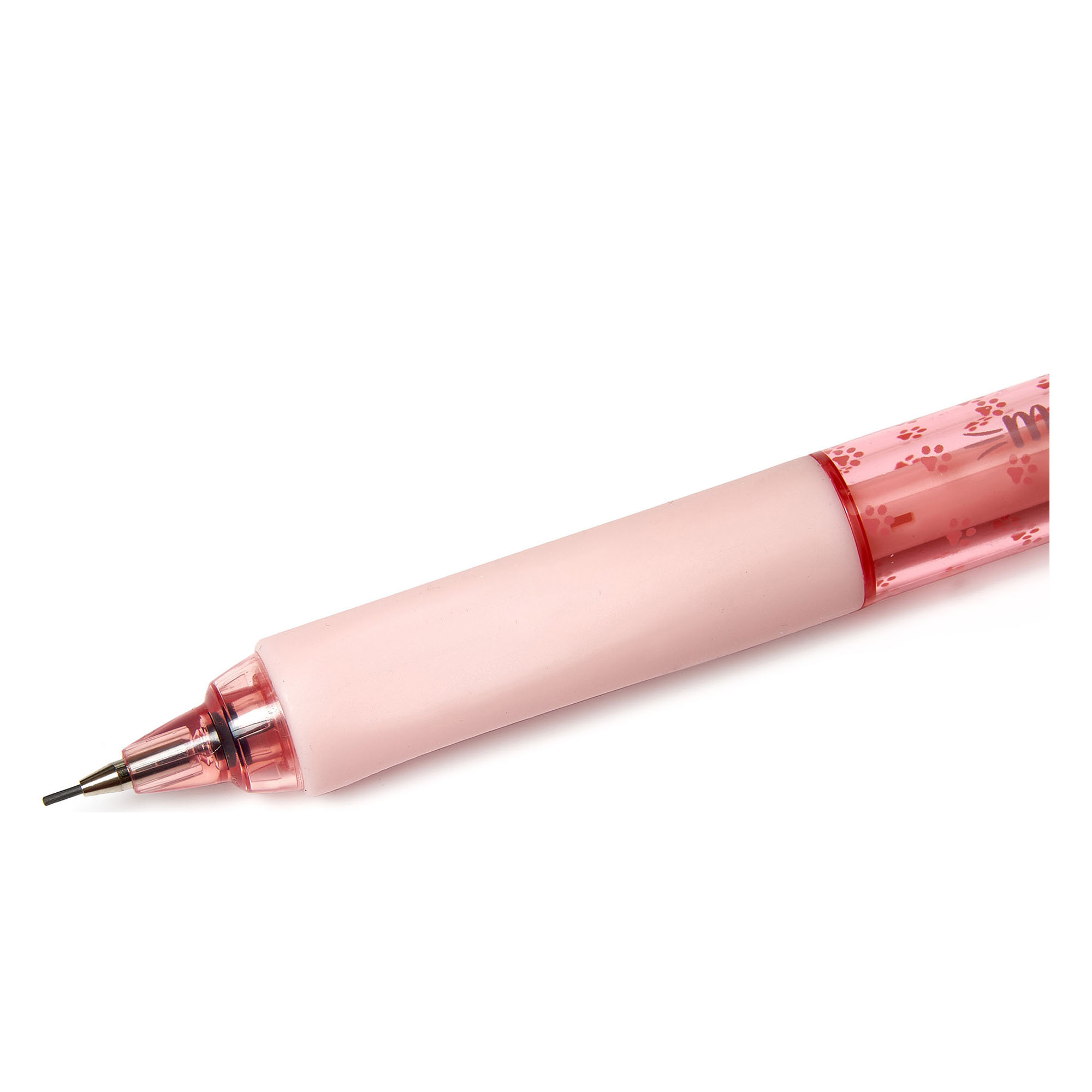 Rosa Druckbleistift mit Katzenfigur, in Nahaufnahme mit Metallspitze und rosafarbener Griffzone gezeigt.