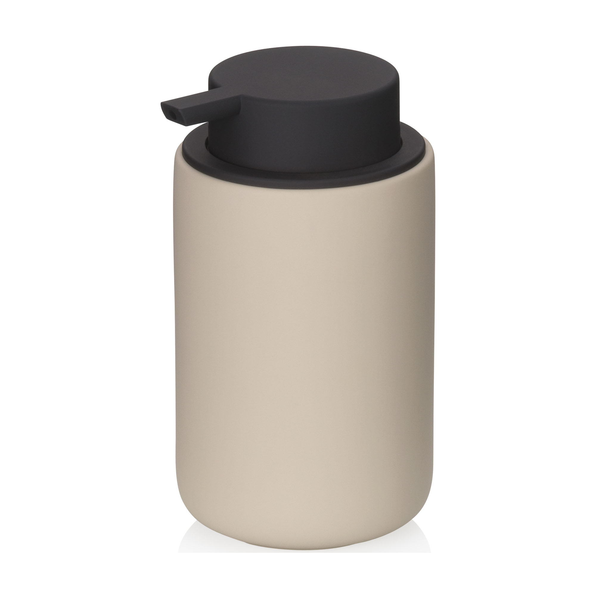 Freigestellter zylindrischer Seifenspender in Beige mit abgerundeter Form und schwarzem Pumpkopf
