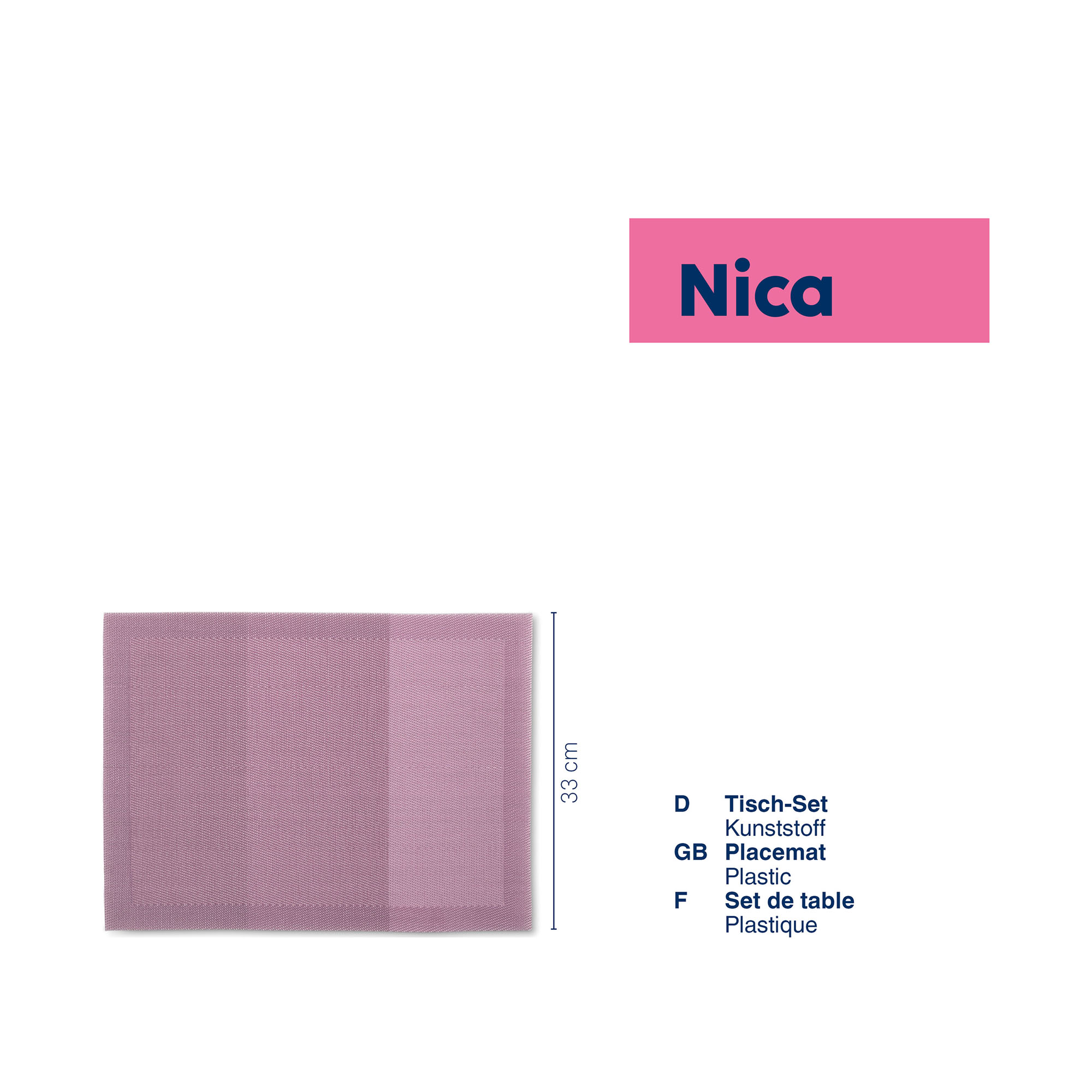 Produktzeichnung eines rosa Tischsets mit Maßangaben und Pflegehinweisen