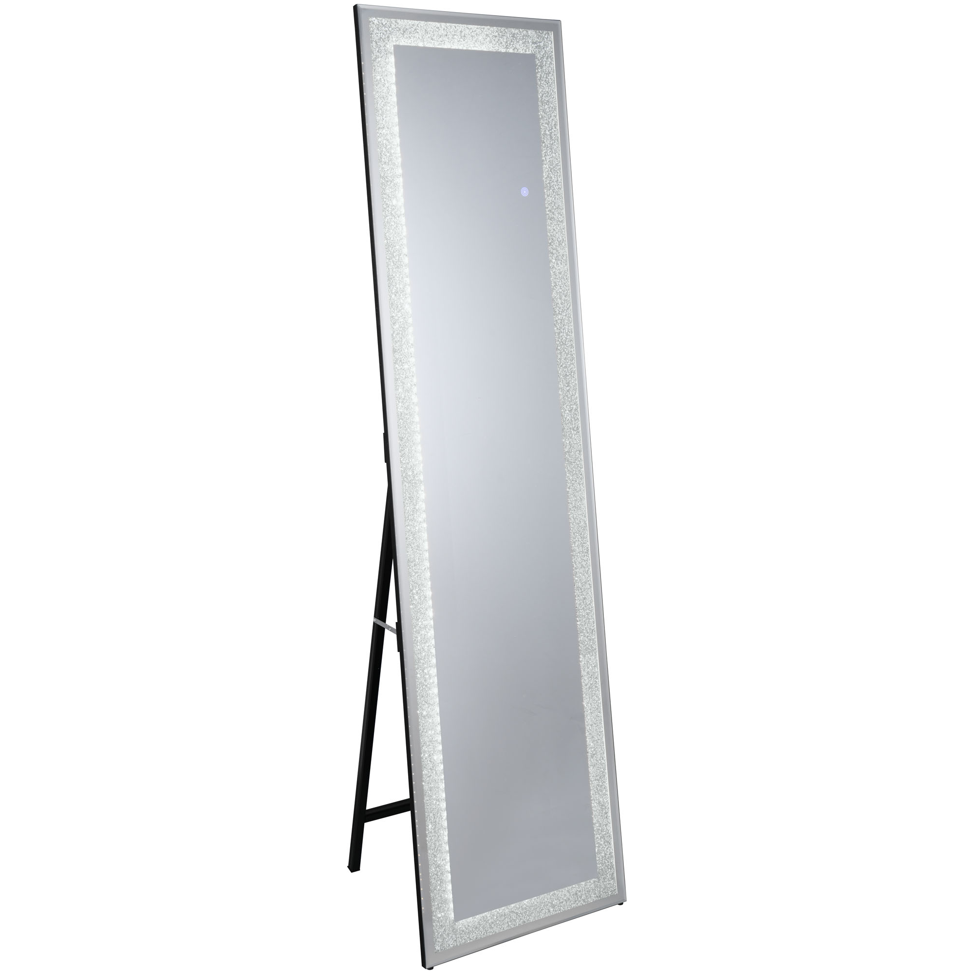 LED-Standspiegel Hermine mit Glitzereffekt, frontal als hohe, schmale Spiegelfläche; Maße ca. 40 x 160 x 4,5 cm.