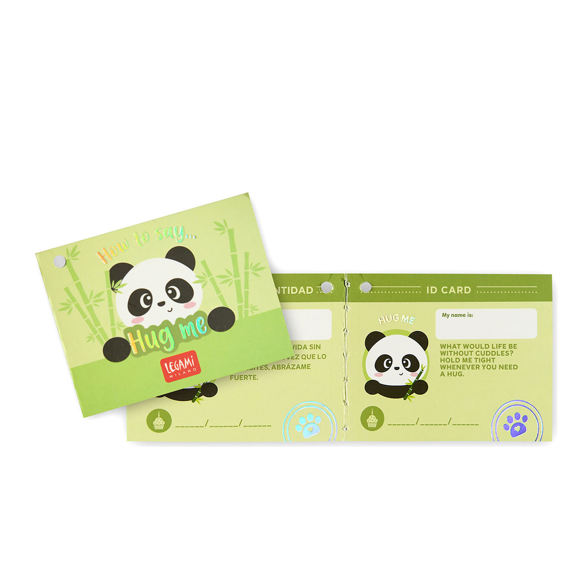 Panda-Plüschtier mit Banane, neben den Vorder- und Rückseiten der Produktanhänger dargestellt.