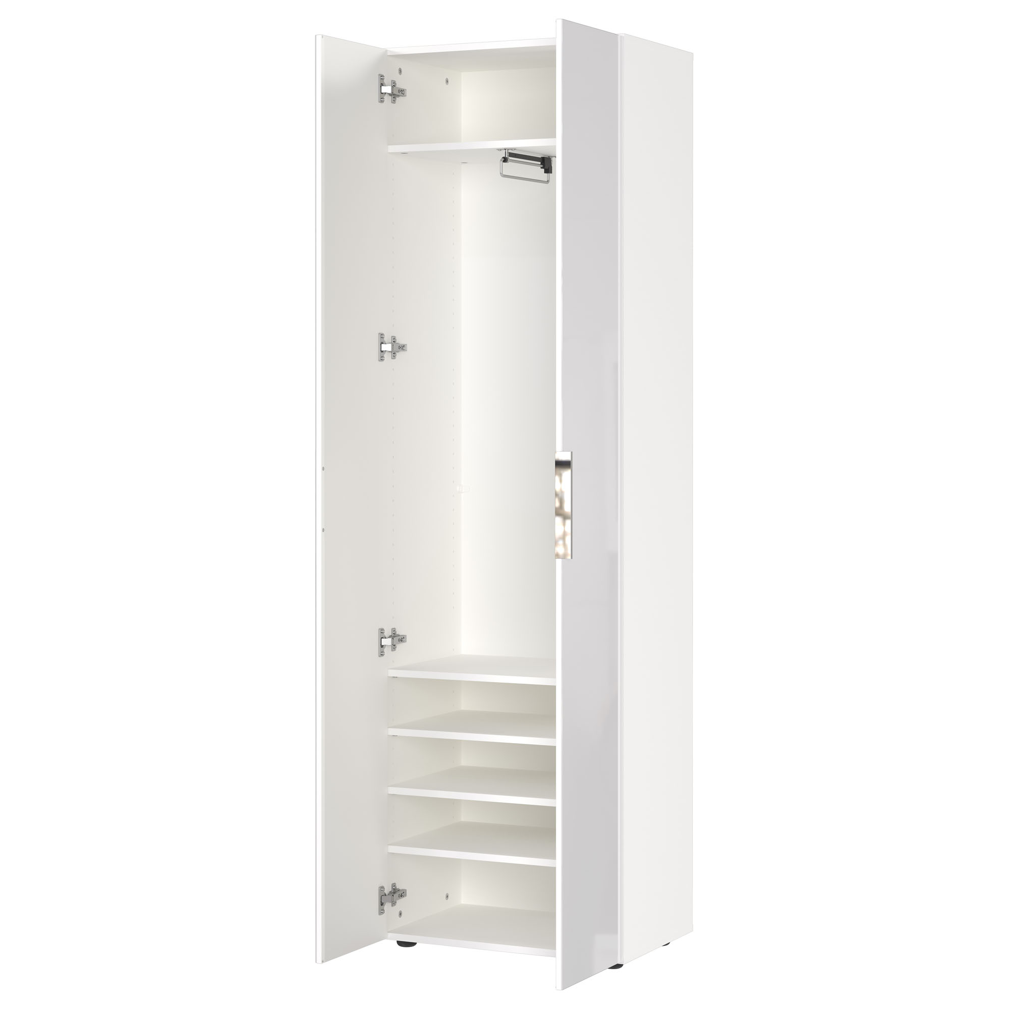 Geöffneter Hochschrank mit Kleiderstange und mehreren Einlegeböden