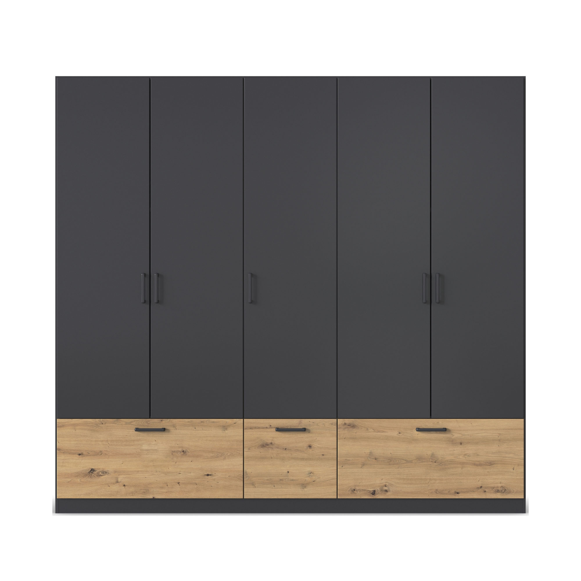 Drehtürenschrank mit Korpus in Schwarz-Grau und Front in Schwarz-Grau mit Holzabsetzung unten, in frontaler Ansicht gezeigt.