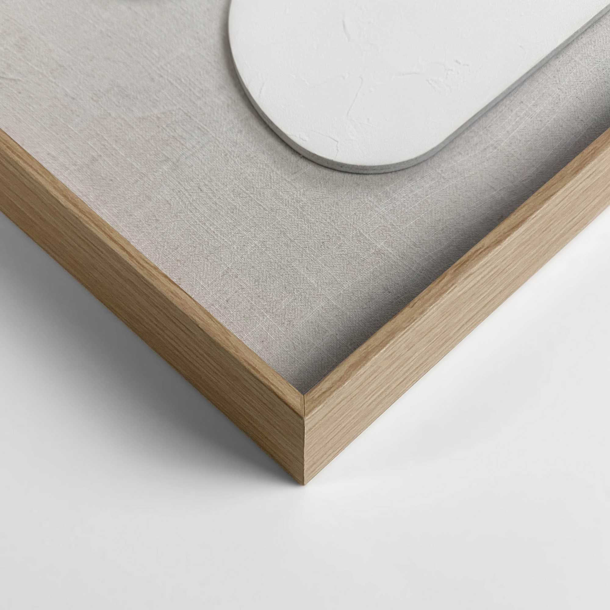 Detailaufnahme einer Ecke des Wandbilds „Organic Blocks Linen Wood“, 50 × 70 cm; Oberfläche, Kante und Materialstärke sind sichtbar.