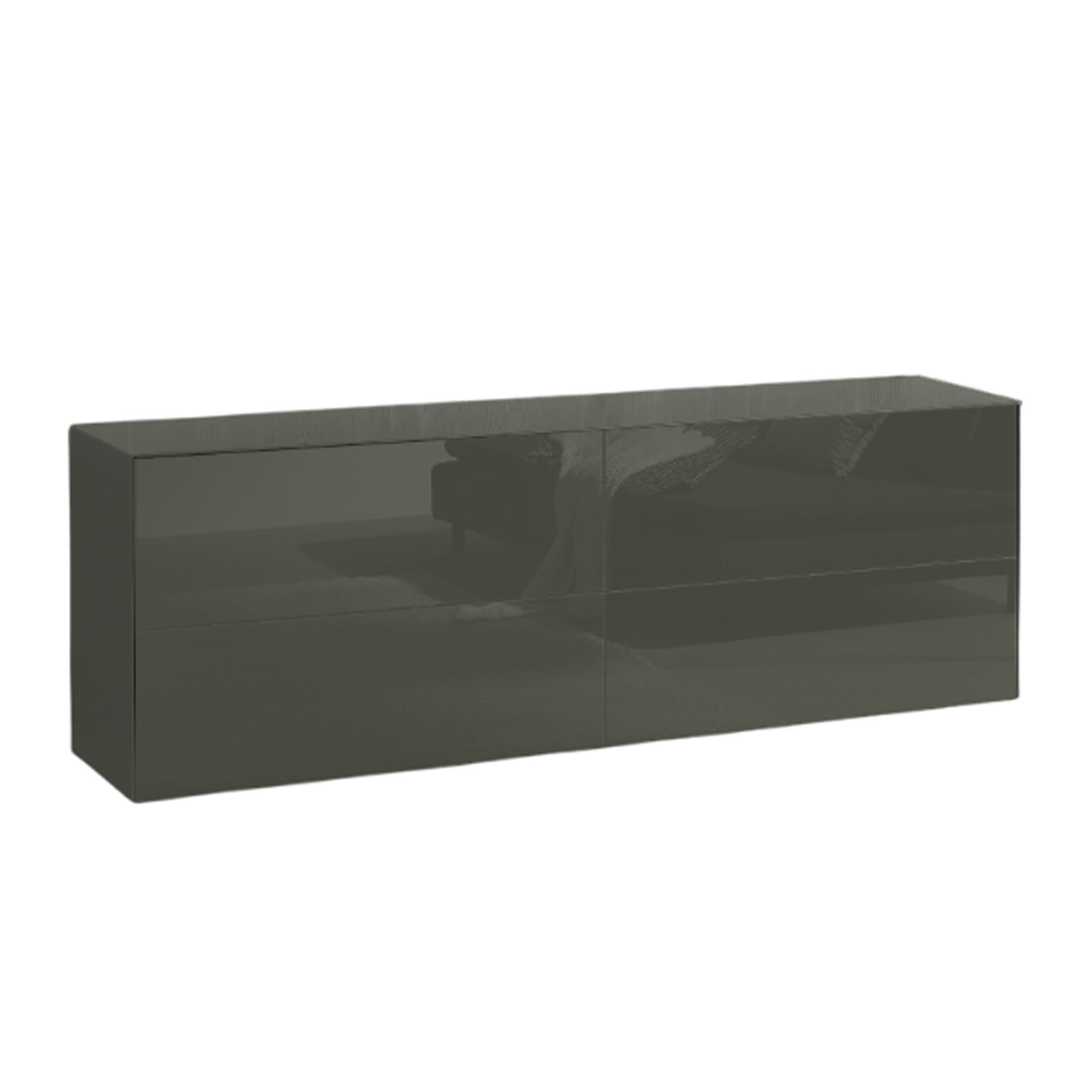Anthrazitfarbenes Hochglanz-Lowboard mit vier grifflosen Klapptüren, minimalistisch im Design