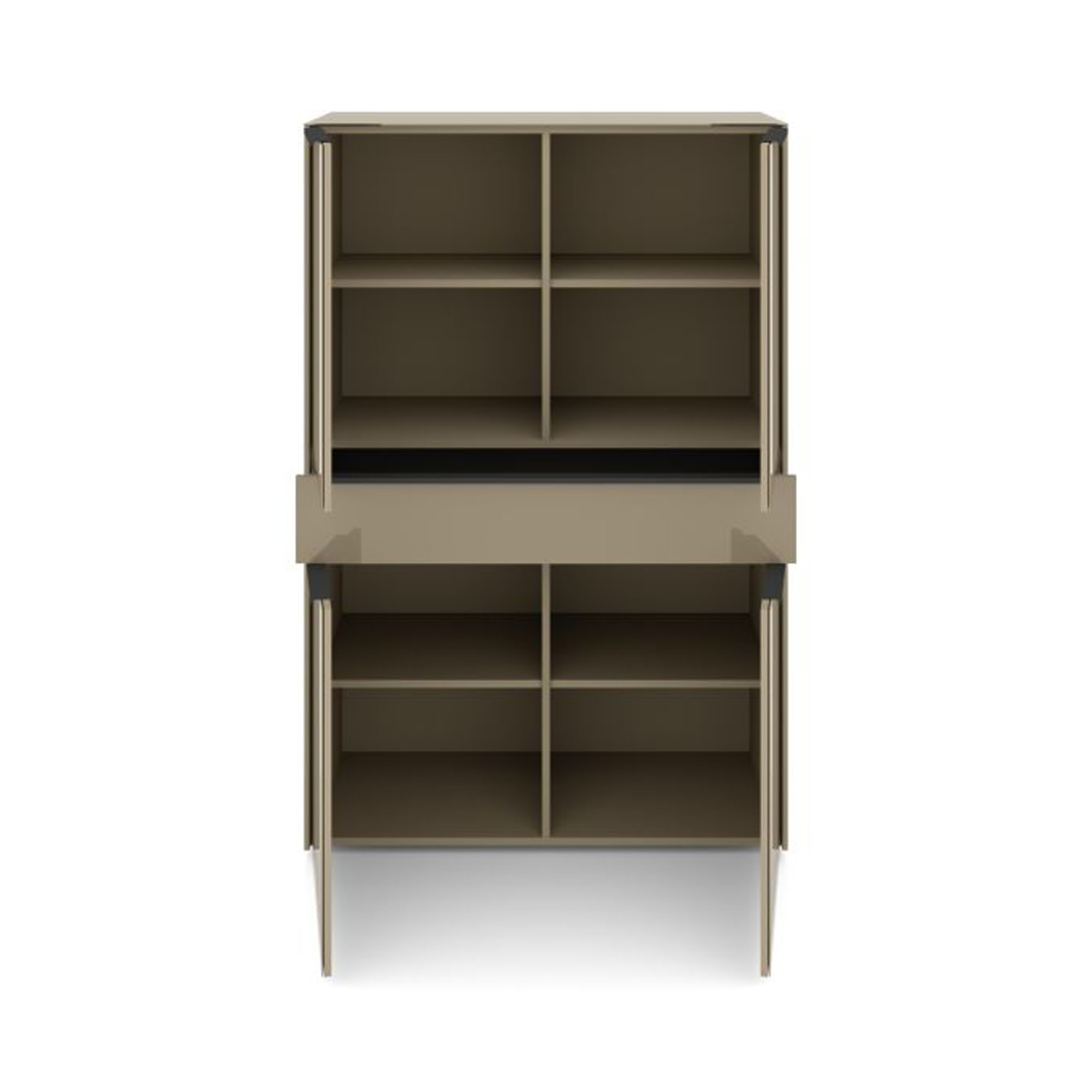 Geöffnetes Highboard in Taupe mit acht sichtbaren Staufächern hinter vier Türen und einer mittig ausgezogenen Schublade.