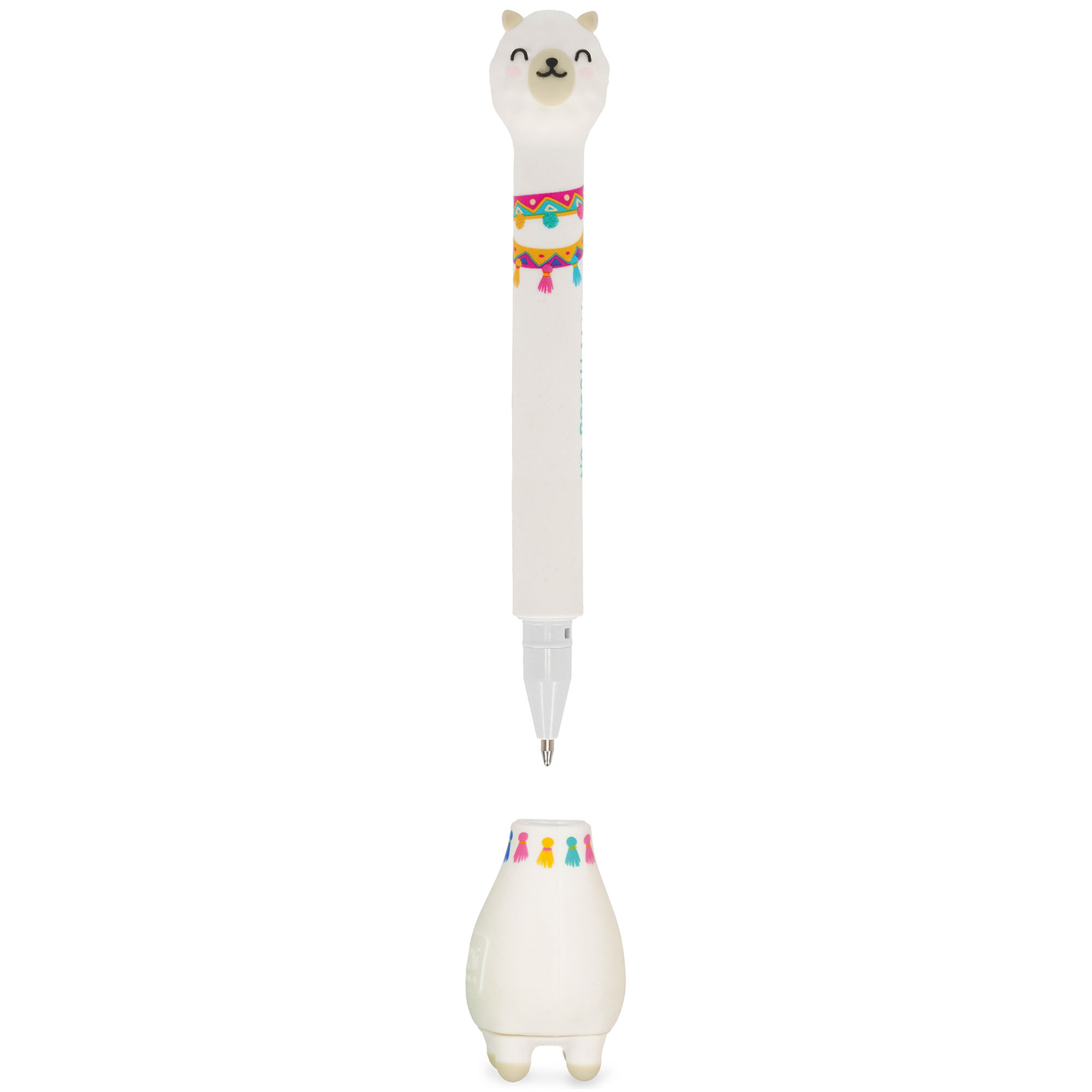 Weißer Kugelschreiber mit Lama-Standfuß, mit getrenntem Stift über dem Tier-Standfuß dargestellt.