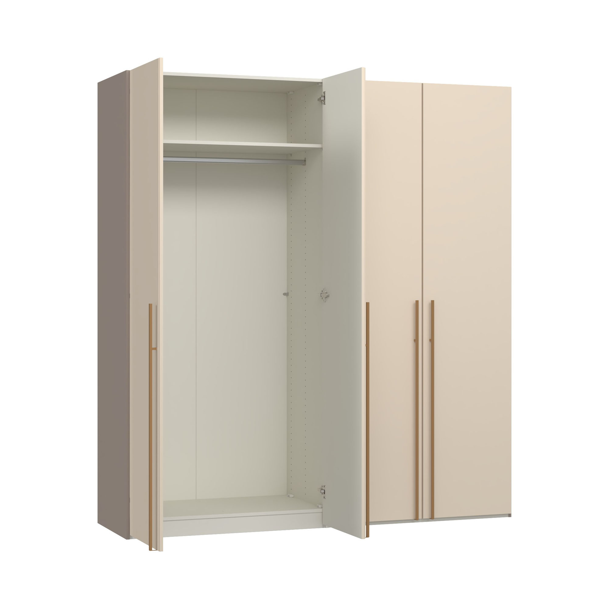 Kleiderschrank mit geöffneter Drehtür und sichtbarer Innenaufteilung